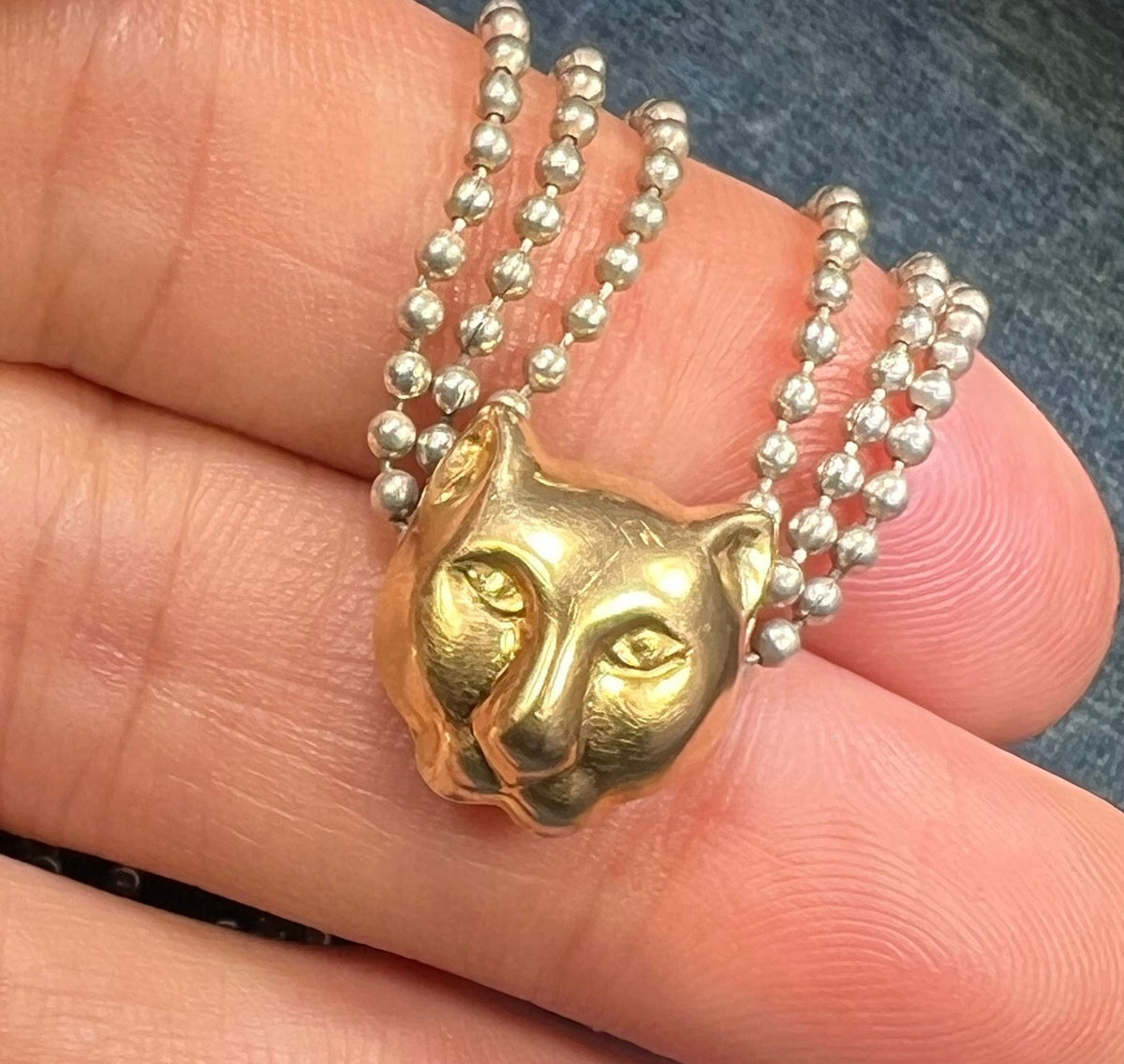 18k Gold Panther Pendant & 925 Triple Ball Chain Necklace. Designer.
