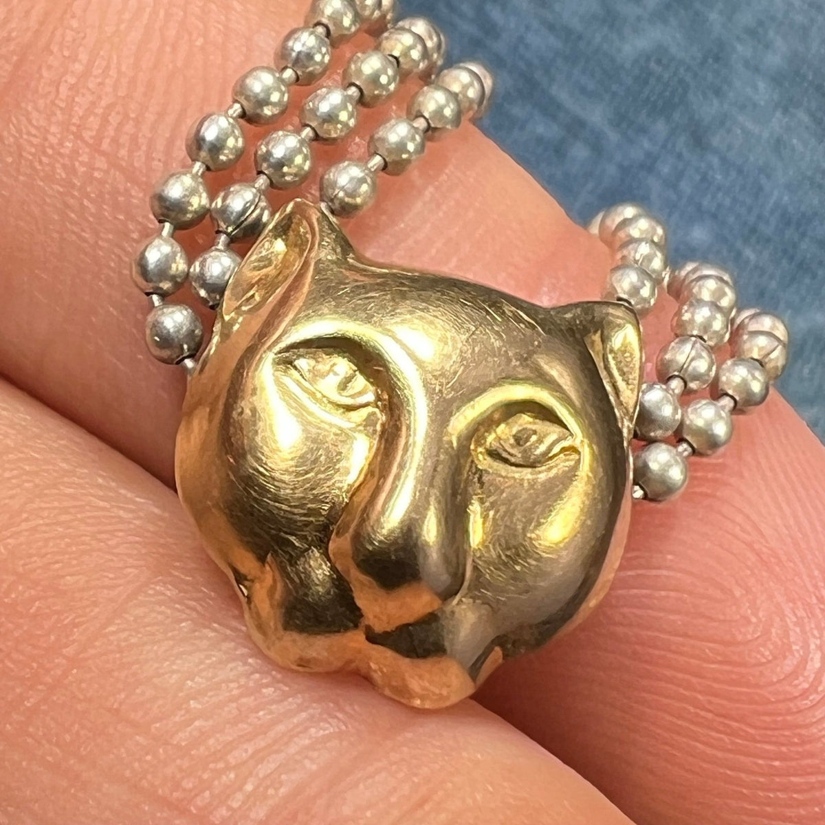 18k Gold Panther Pendant & 925 Triple Ball Chain Necklace. Designer.