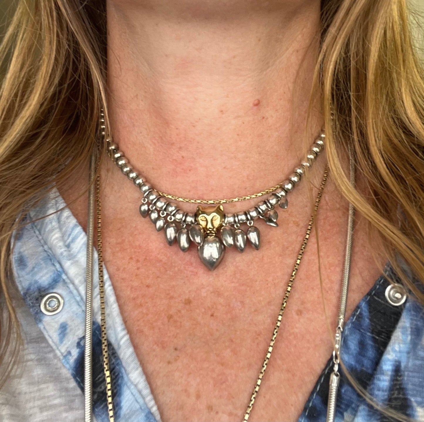 18k Gold Panther Tiger Cat Pendant & 925 Sterling Silver Necklace. 30g