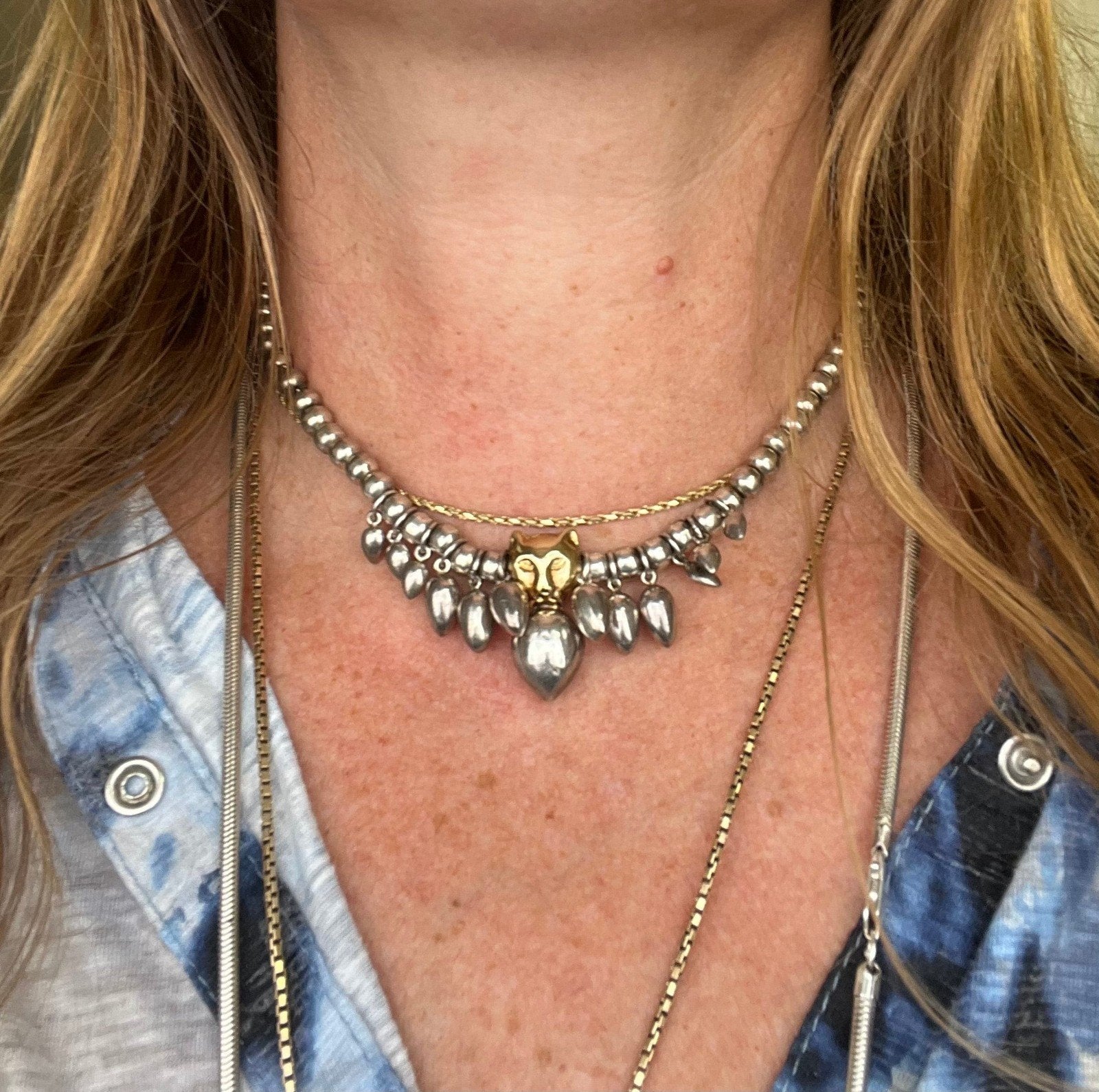 18k Gold Panther Tiger Cat Pendant & 925 Sterling Silver Necklace. 30g