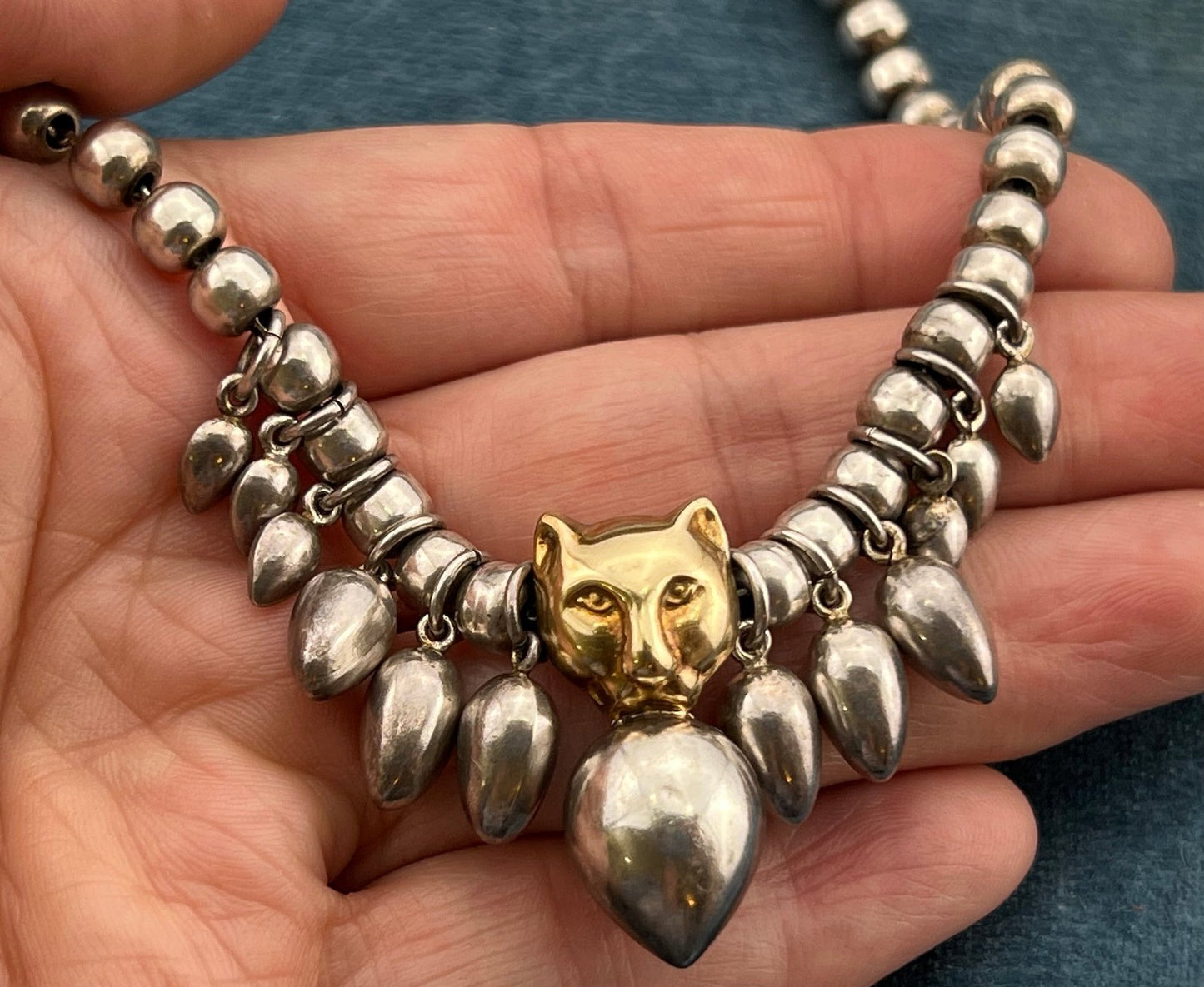 18k Gold Panther Tiger Cat Pendant & 925 Sterling Silver Necklace. 30g