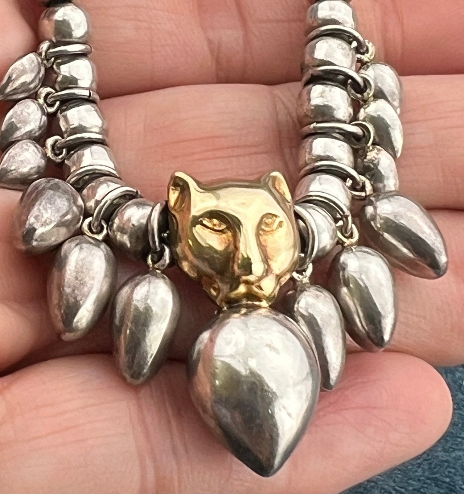 18k Gold Panther Tiger Cat Pendant & 925 Sterling Silver Necklace. 30g