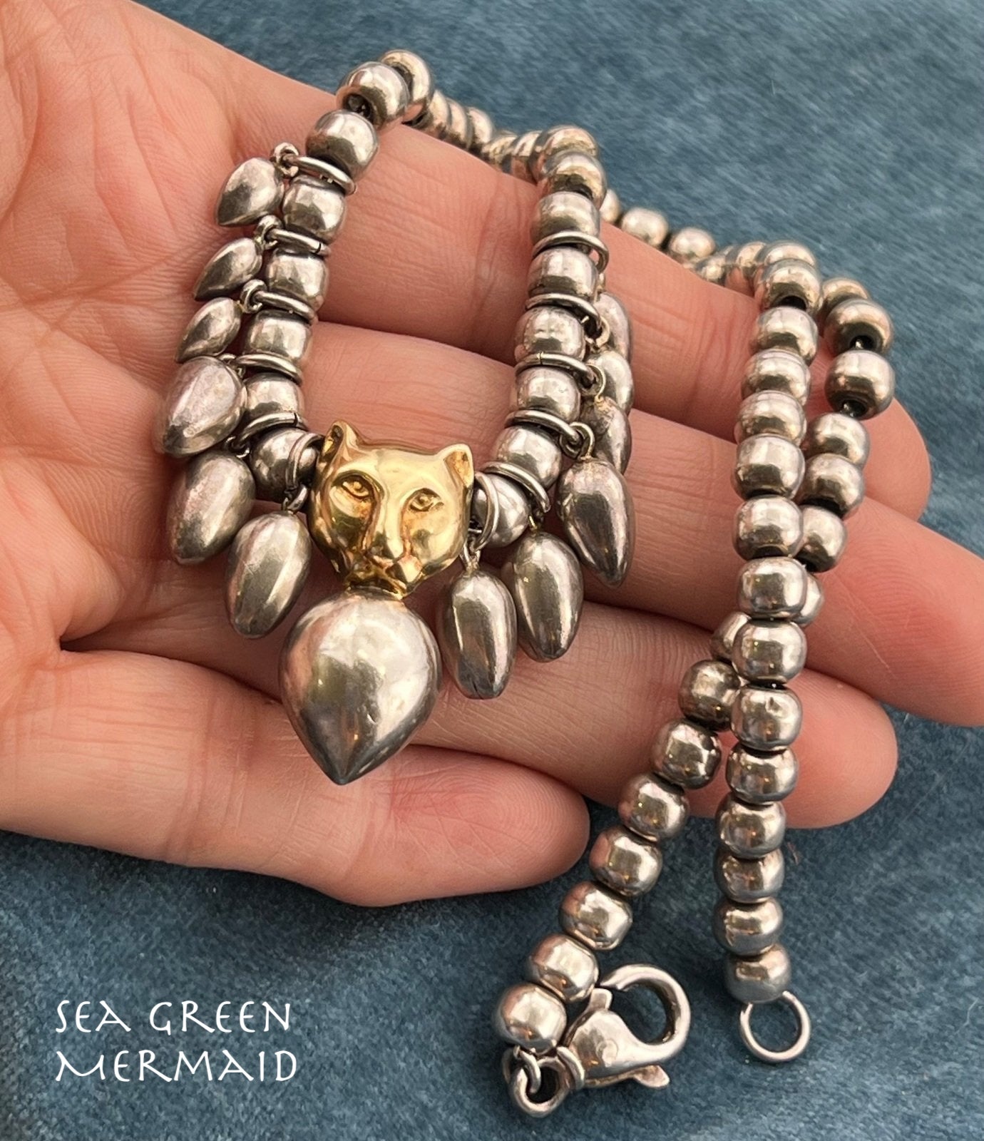 18k Gold Panther Tiger Cat Pendant & 925 Sterling Silver Necklace. 30g