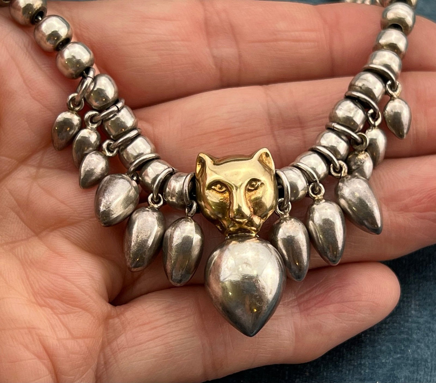 18k Gold Panther Tiger Cat Pendant & 925 Sterling Silver Necklace. 30g