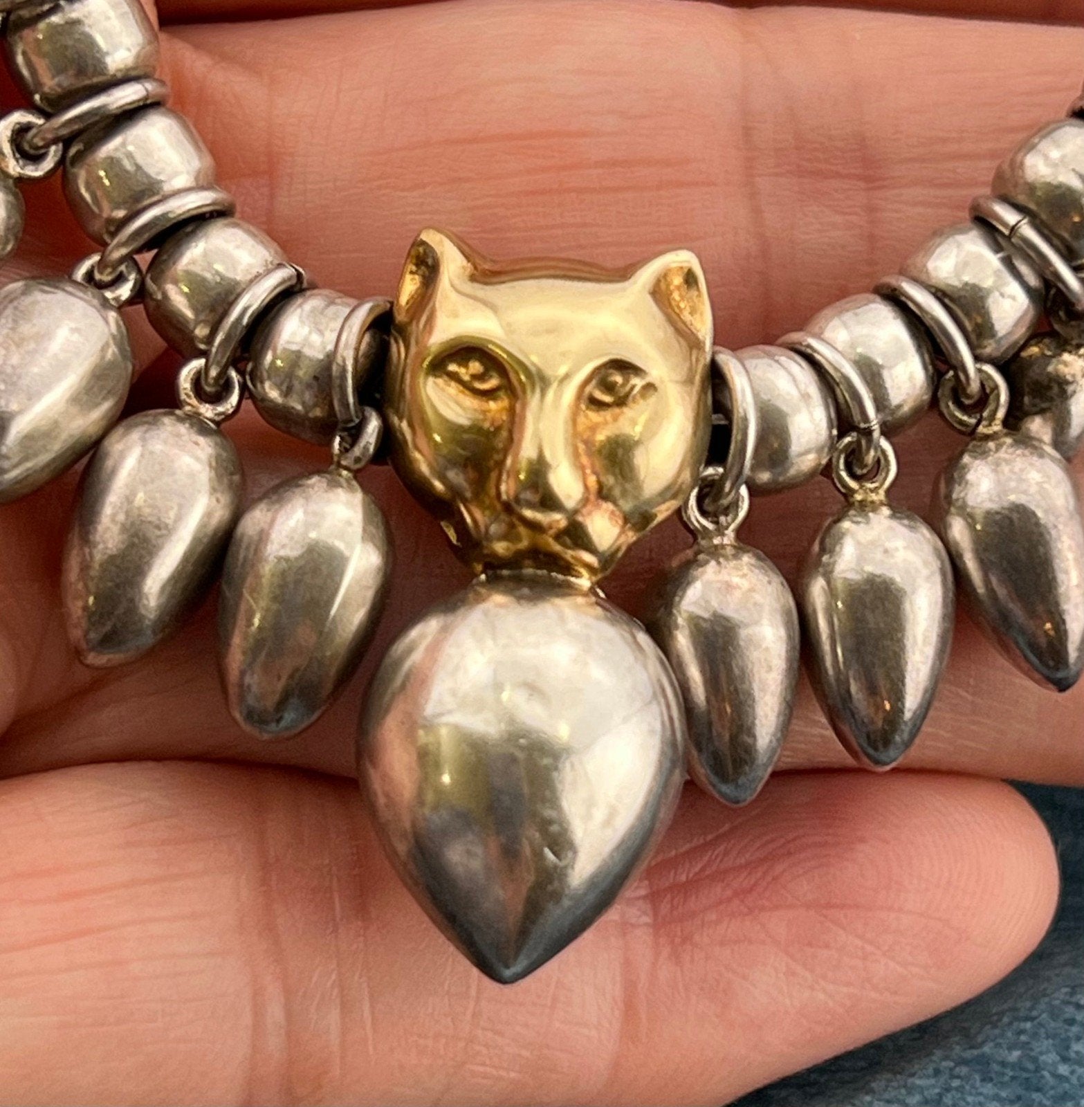 18k Gold Panther Tiger Cat Pendant & 925 Sterling Silver Necklace. 30g