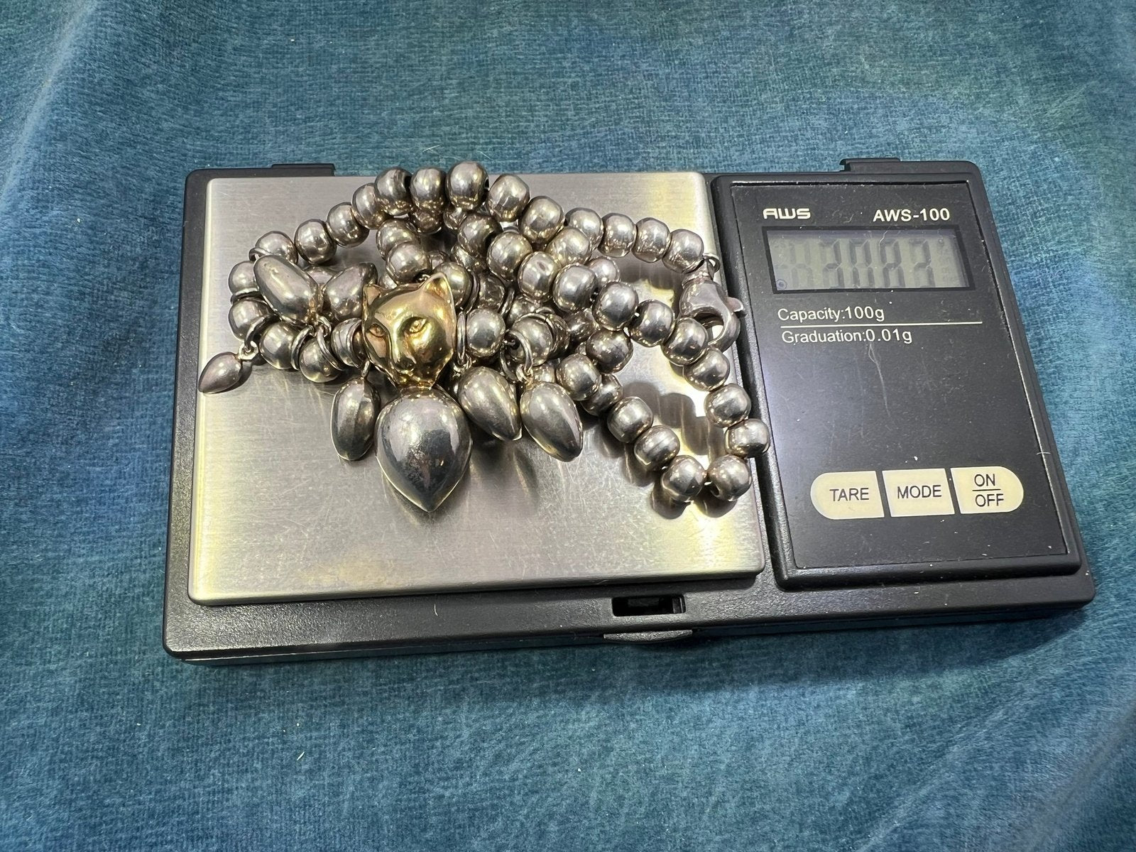 18k Gold Panther Tiger Cat Pendant & 925 Sterling Silver Necklace. 30g