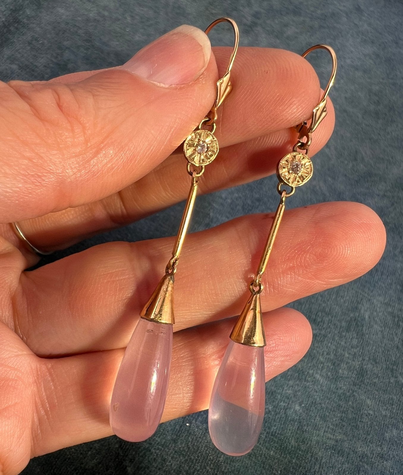 18k Gold Pink Quartz Drop Dangle 2.5" Earrings w Diamonds. Victorian *Video*