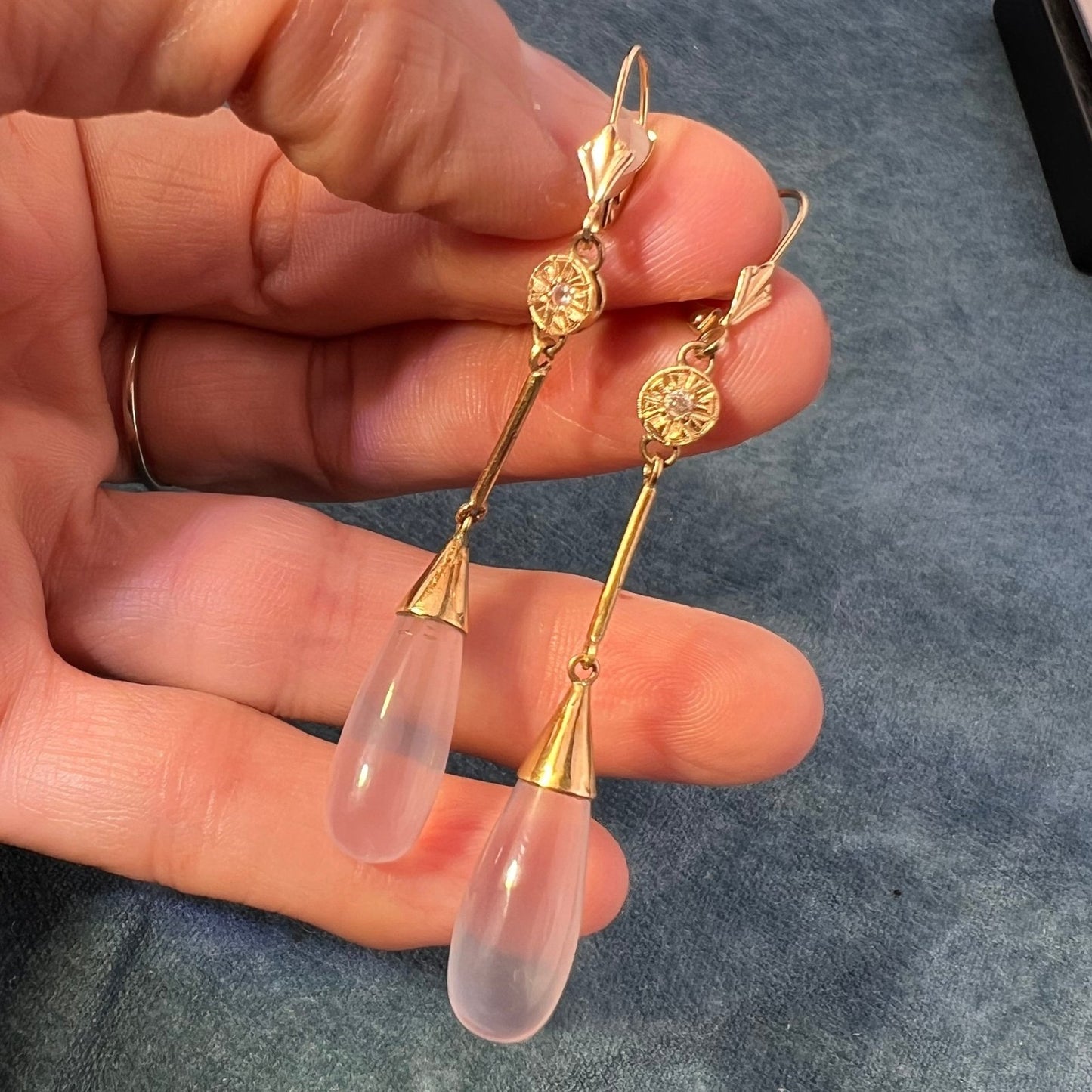 18k Gold Pink Quartz Drop Dangle 2.5" Earrings w Diamonds. Victorian *Video*