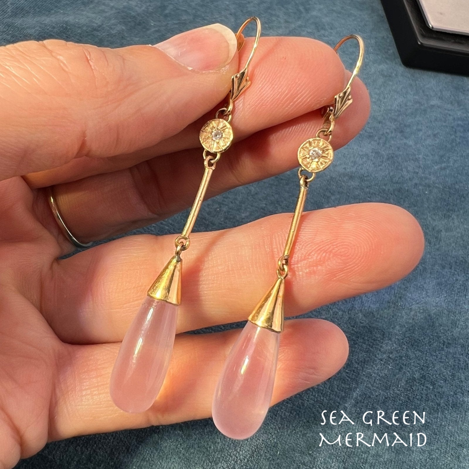 18k Gold Pink Quartz Drop Dangle 2.5" Earrings w Diamonds. Victorian *Video*