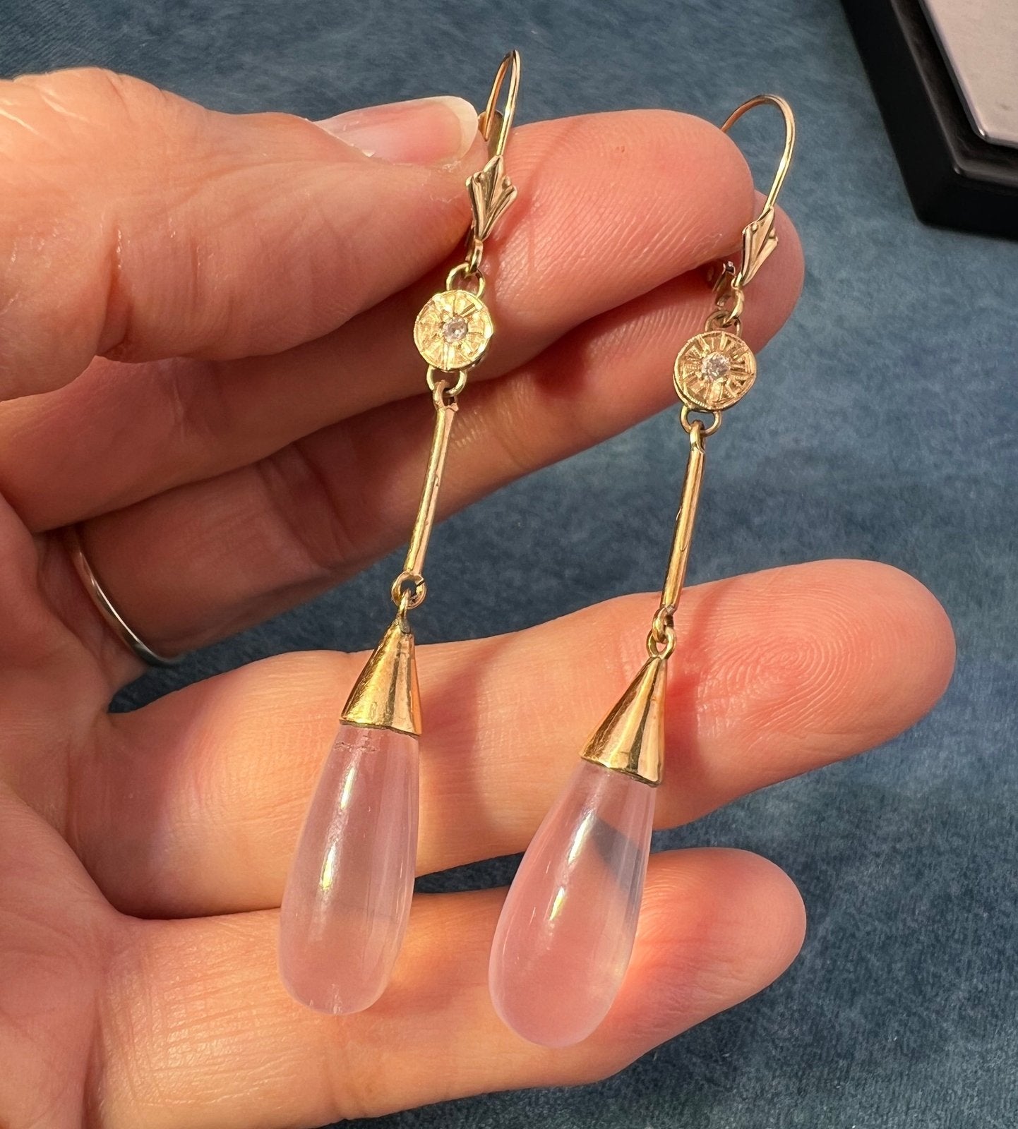 18k Gold Pink Quartz Drop Dangle 2.5" Earrings w Diamonds. Victorian *Video*