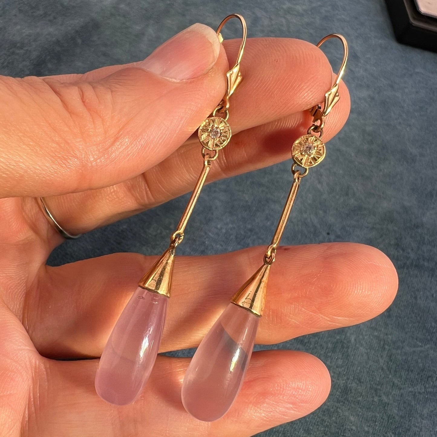 18k Gold Pink Quartz Drop Dangle 2.5" Earrings w Diamonds. Victorian *Video*