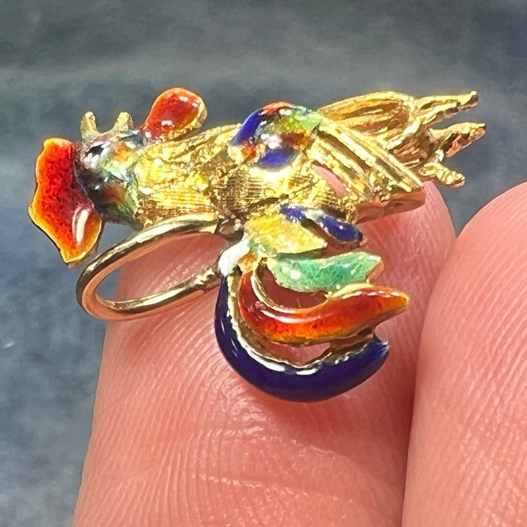 18k Gold Rooster Pendant w Colorful Enamel Feathers. 3-D