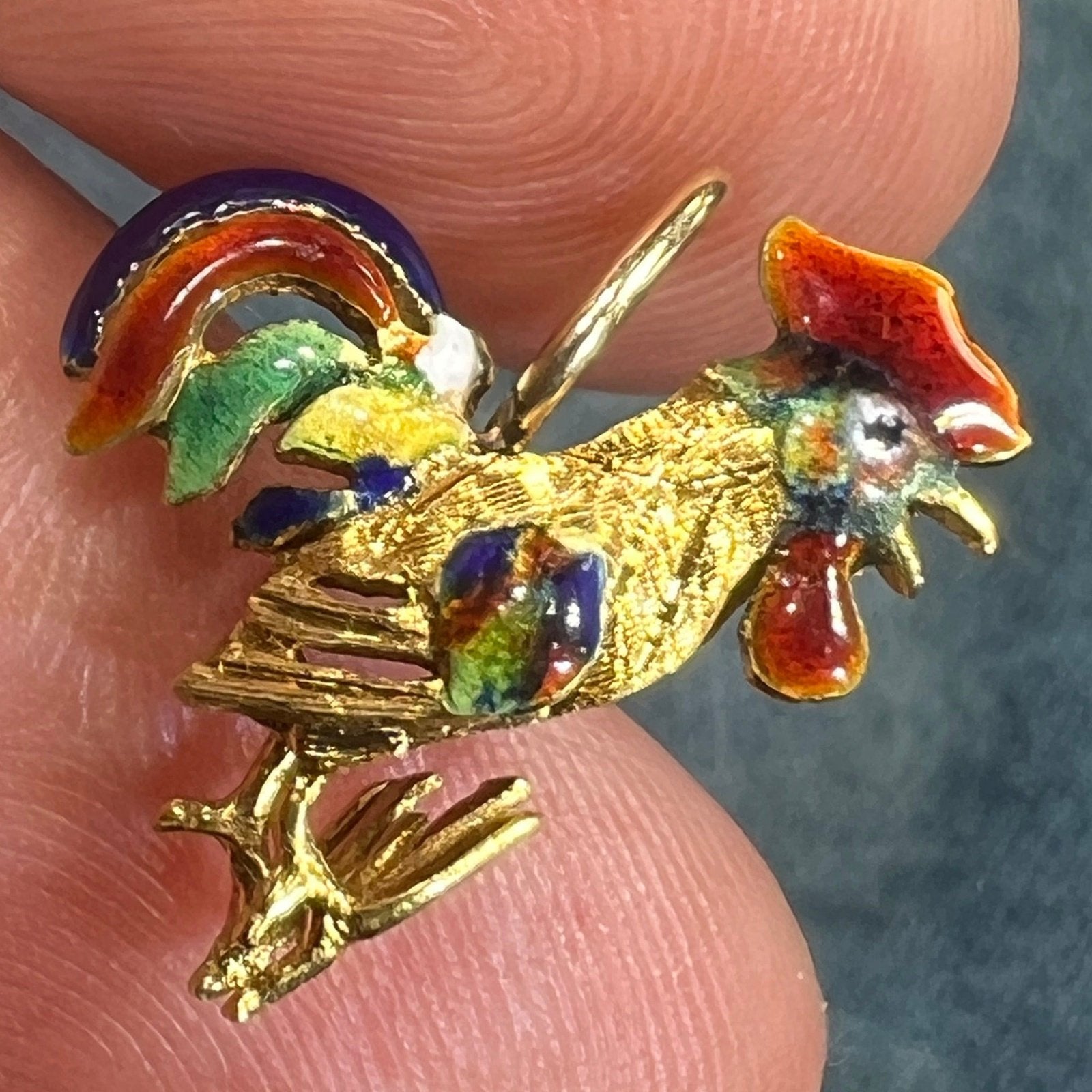 18k Gold Rooster Pendant w Colorful Enamel Feathers. 3-D