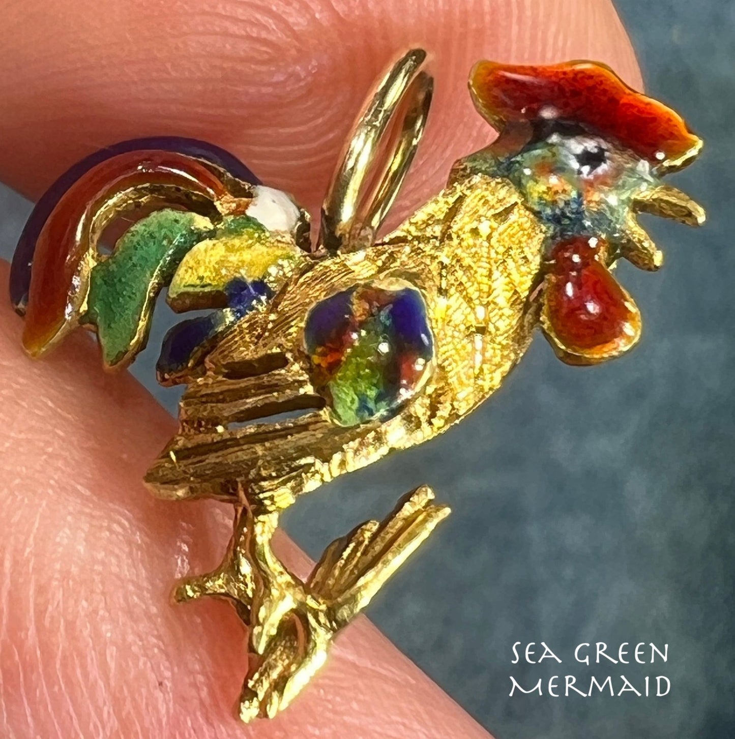 18k Gold Rooster Pendant w Colorful Enamel Feathers. 3-D