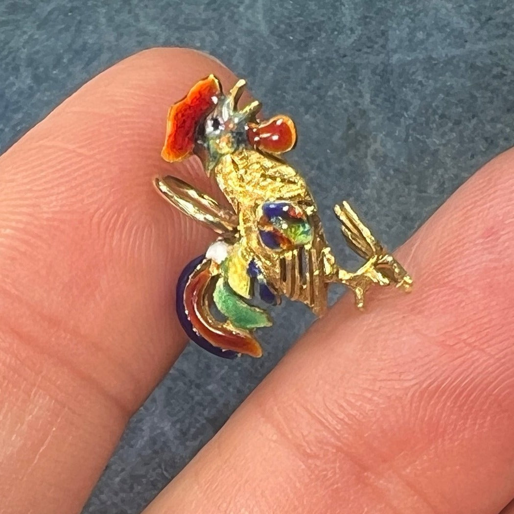 18k Gold Rooster Pendant w Colorful Enamel Feathers. 3-D