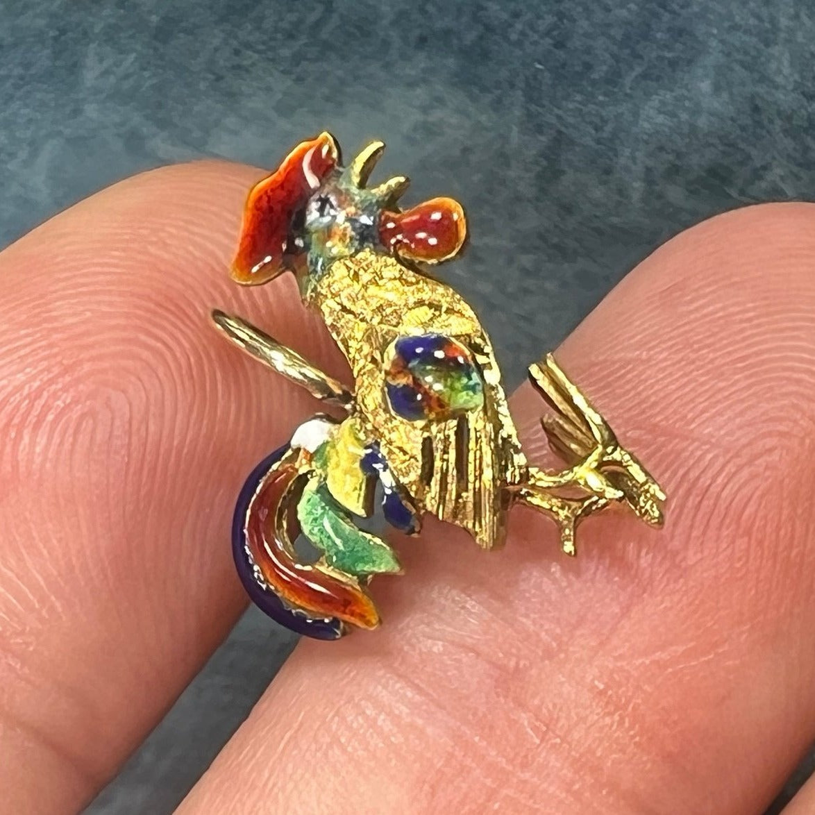 18k Gold Rooster Pendant w Colorful Enamel Feathers. 3-D