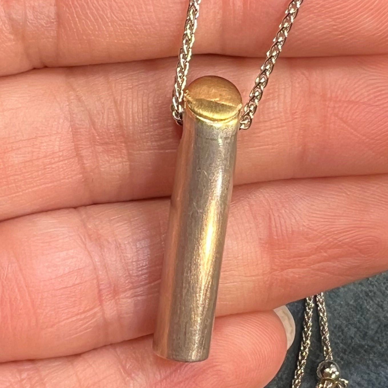 18k Gold + Silver Bar Pendant w Silver Chain Necklace. Modernist