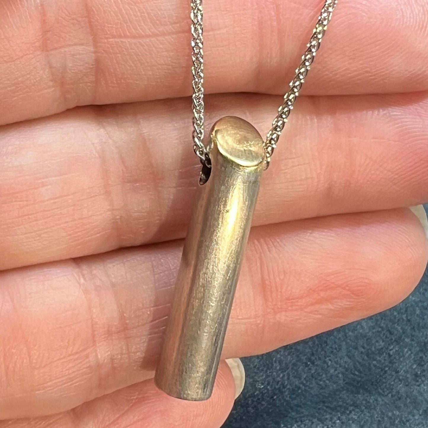 18k Gold + Silver Bar Pendant w Silver Chain Necklace. Modernist