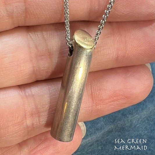 18k Gold + Silver Bar Pendant w Silver Chain Necklace. Modernist