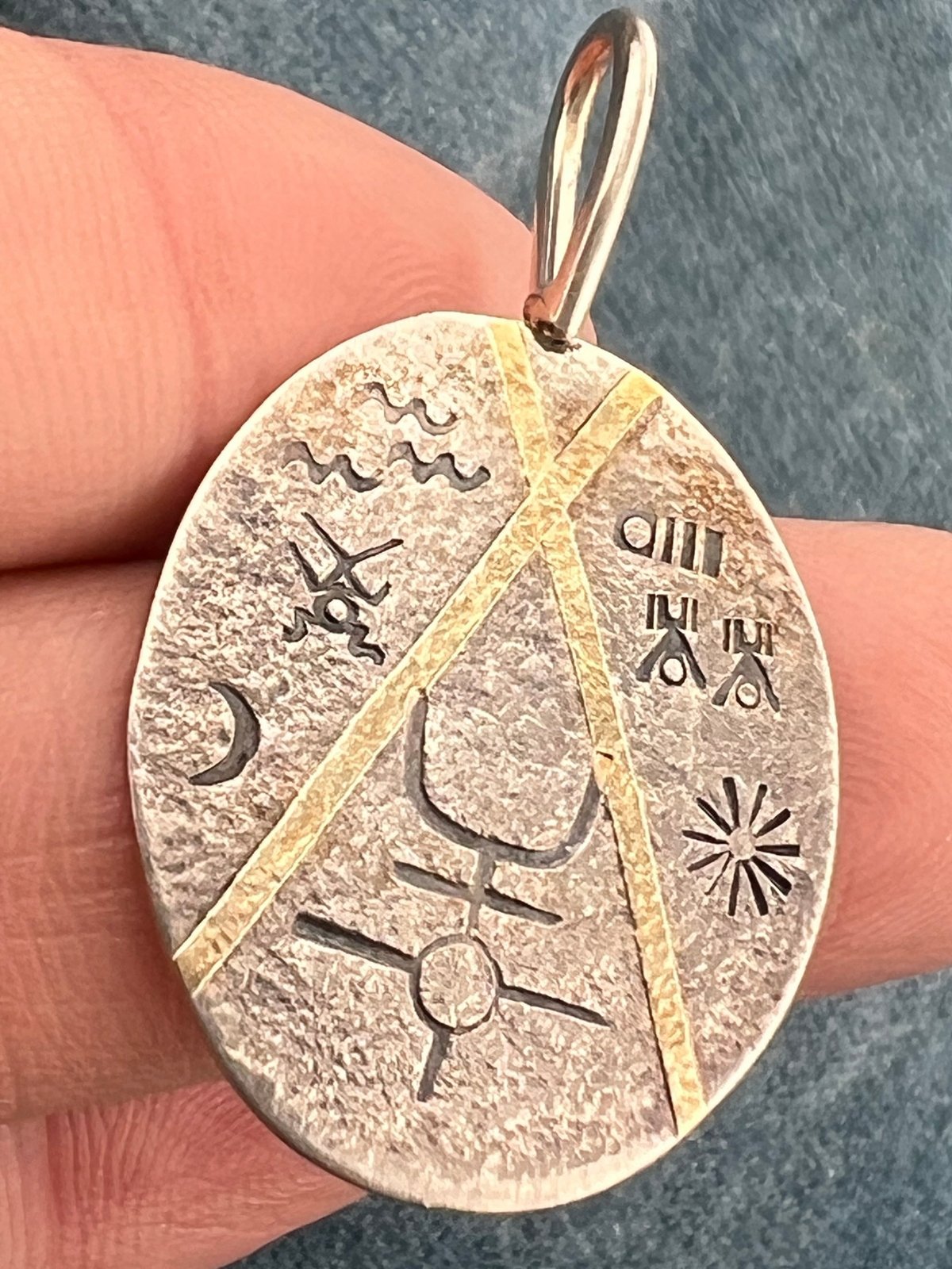 18k Gold + Silver Disk Tribal Pendant w Engraved Symbols - D