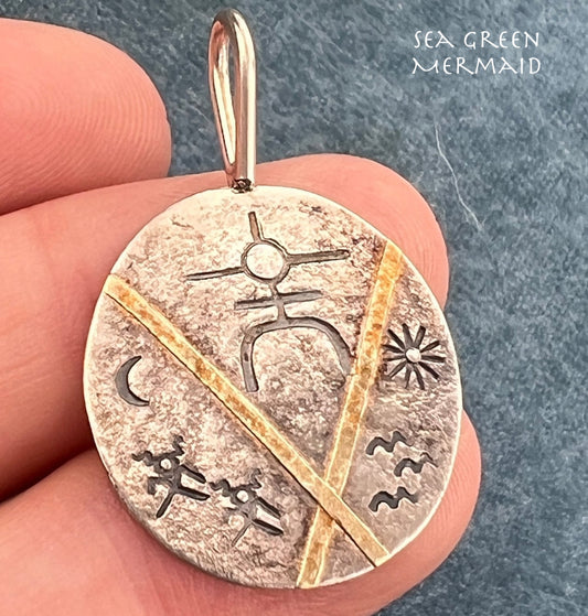 18k Gold + Silver Disk Tribal Pendant w Engraved Symbols - U