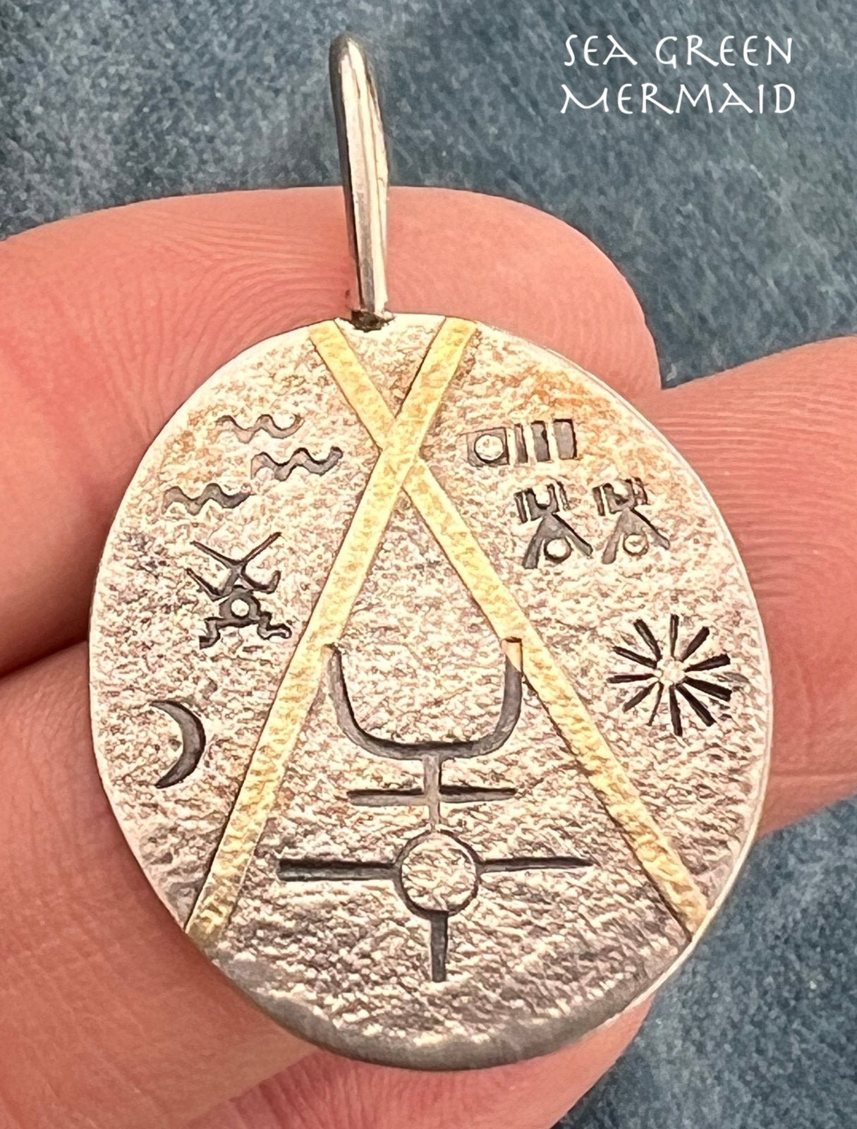 18k Gold + Silver Disk Tribal Pendant w Engraved Symbols - D