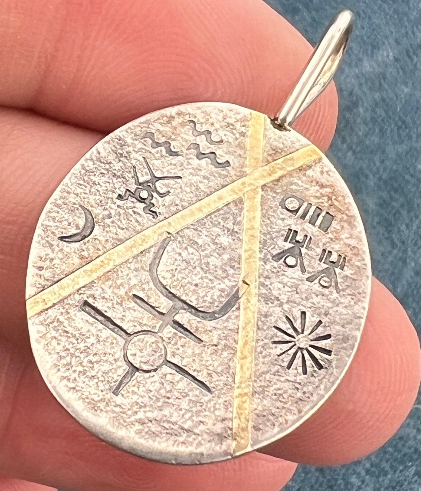 18k Gold + Silver Disk Tribal Pendant w Engraved Symbols - D