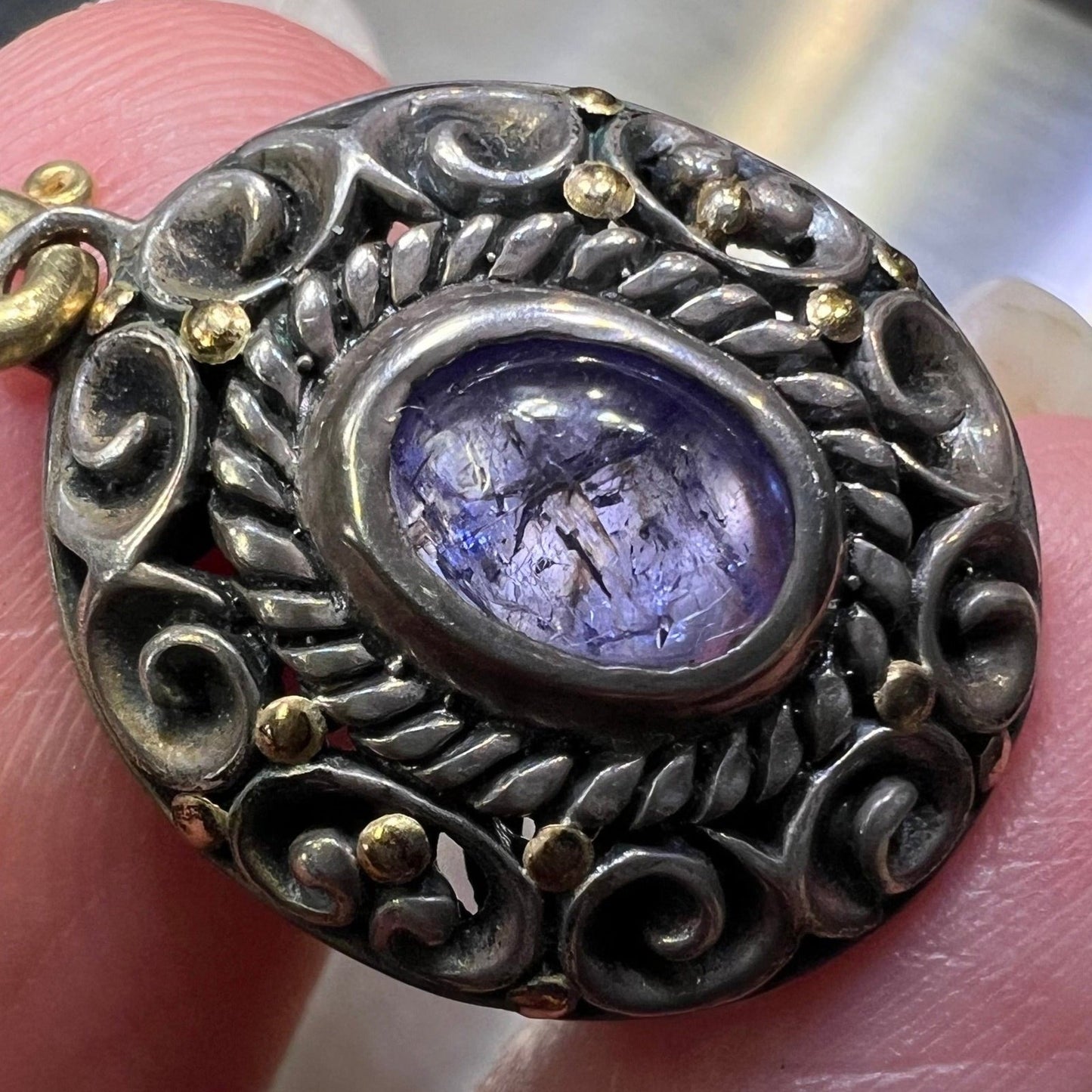 18k Gold + Silver Tanzanite Cabochon Filigree Pendant w 14k Bail