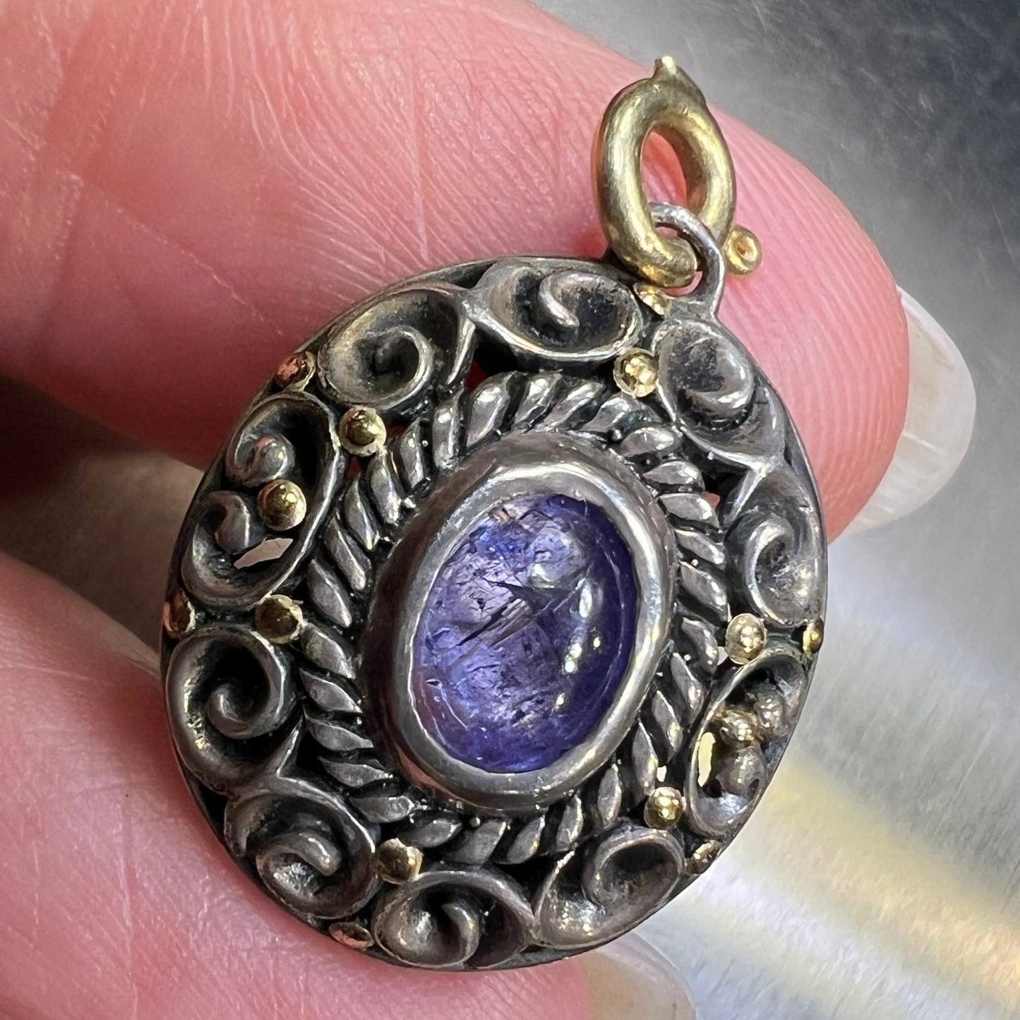 18k Gold + Silver Tanzanite Cabochon Filigree Pendant w 14k Bail