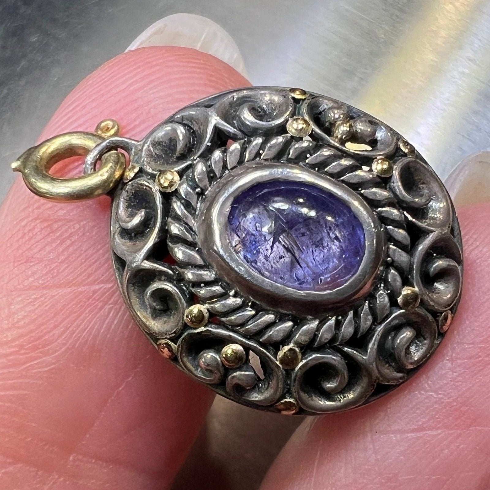 18k Gold + Silver Tanzanite Cabochon Filigree Pendant w 14k Bail