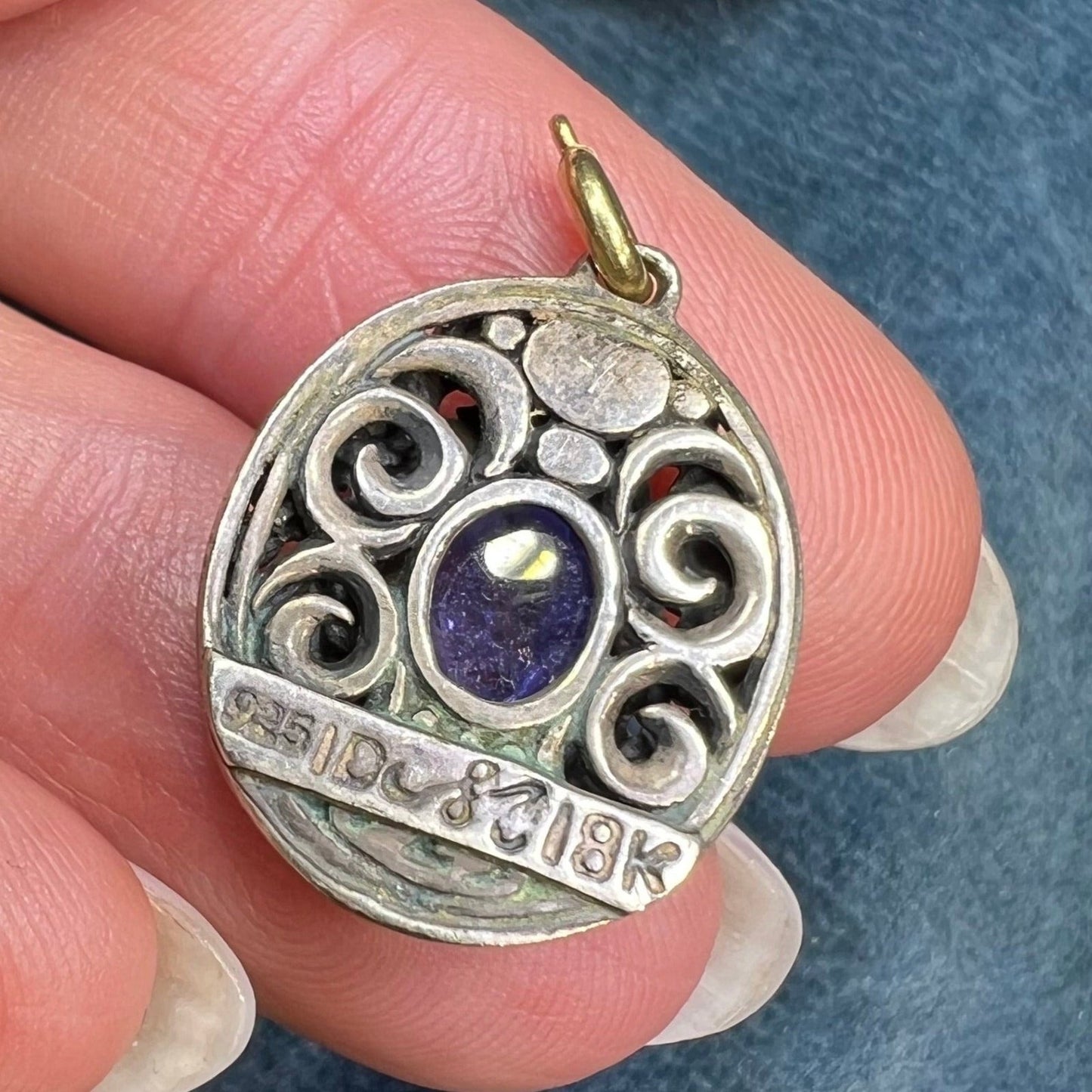 18k Gold + Silver Tanzanite Cabochon Filigree Pendant w 14k Bail