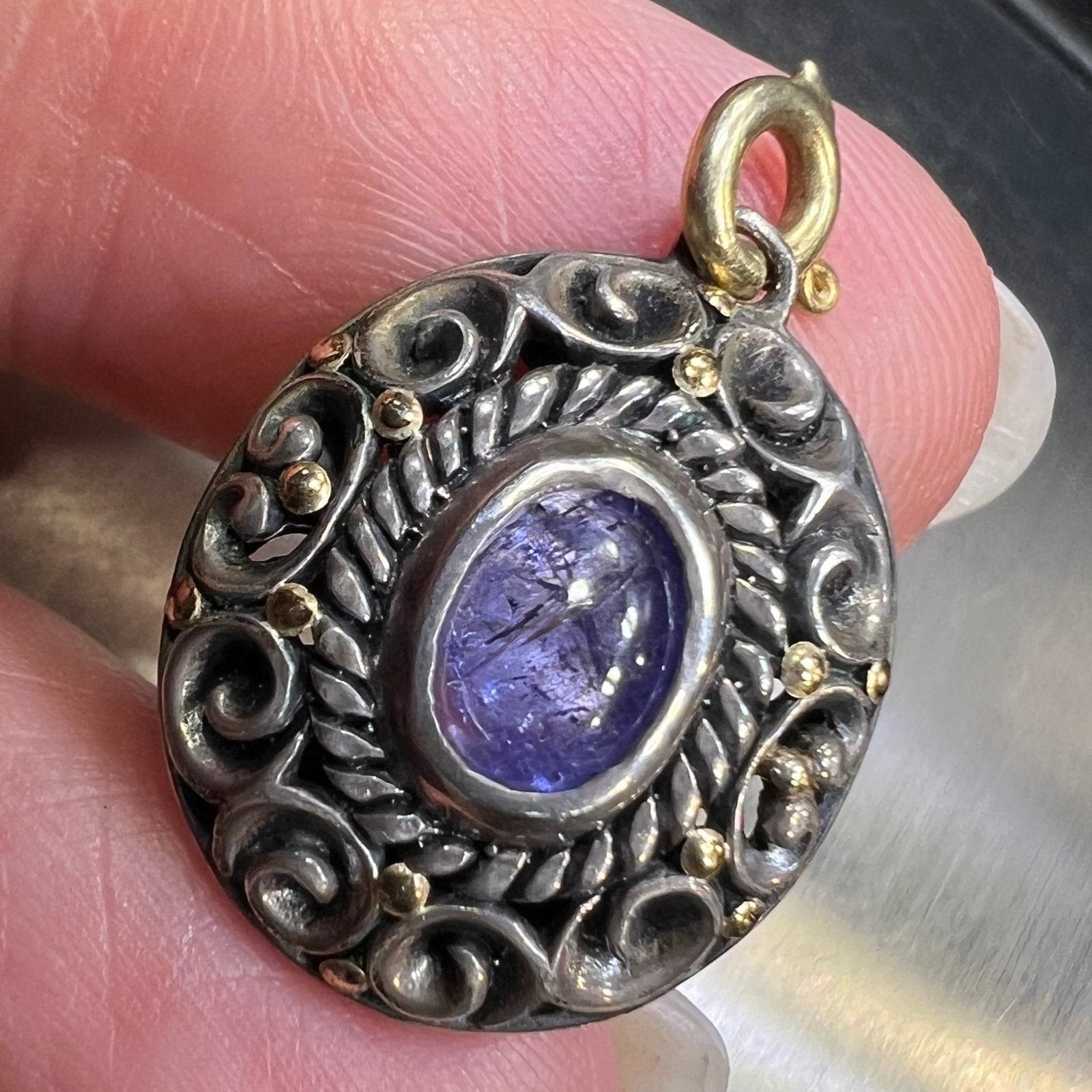 18k Gold + Silver Tanzanite Cabochon Filigree Pendant w 14k Bail