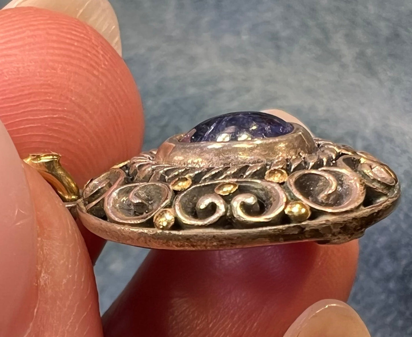 18k Gold + Silver Tanzanite Cabochon Filigree Pendant w 14k Bail