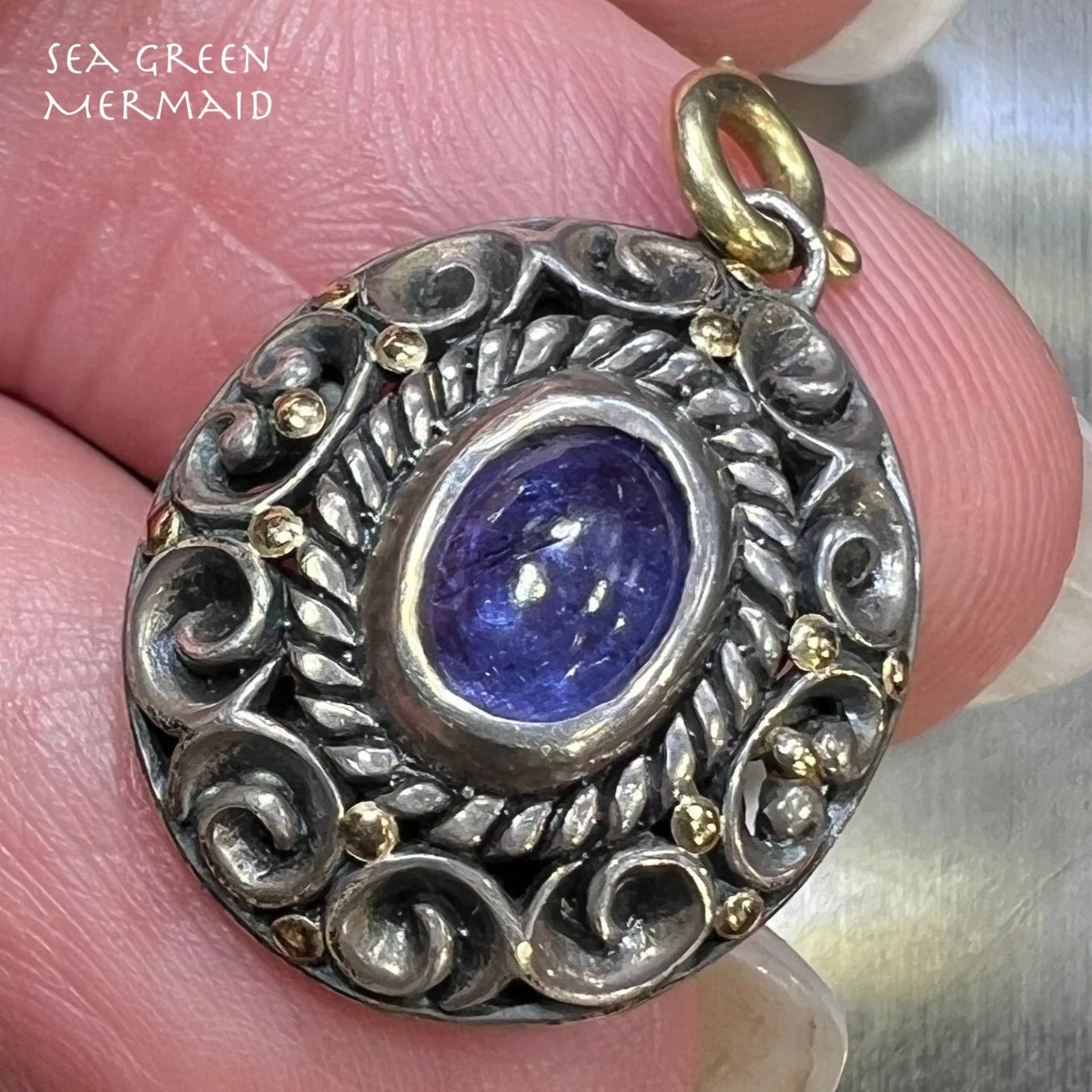 18k Gold + Silver Tanzanite Cabochon Filigree Pendant w 14k Bail