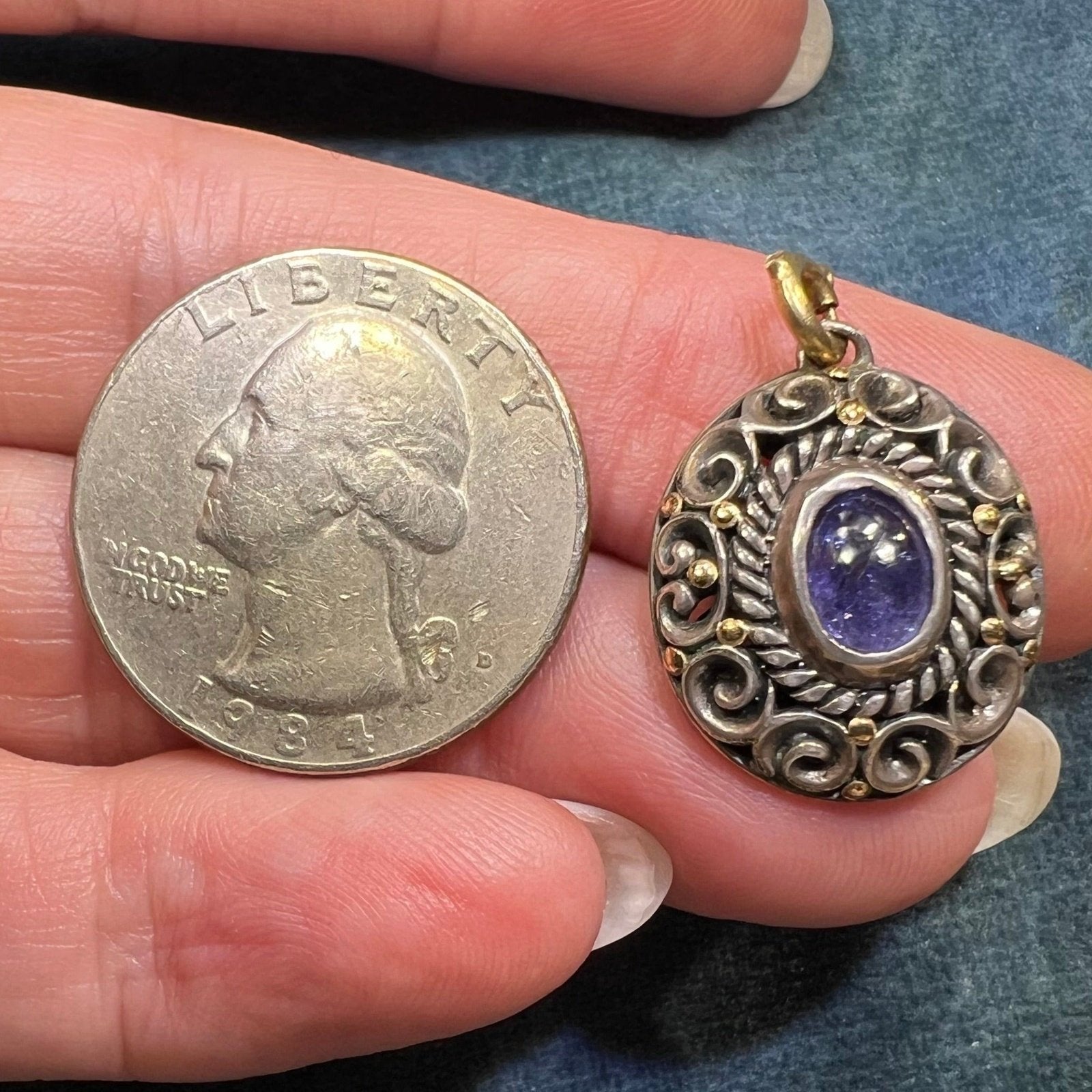 18k Gold + Silver Tanzanite Cabochon Filigree Pendant w 14k Bail