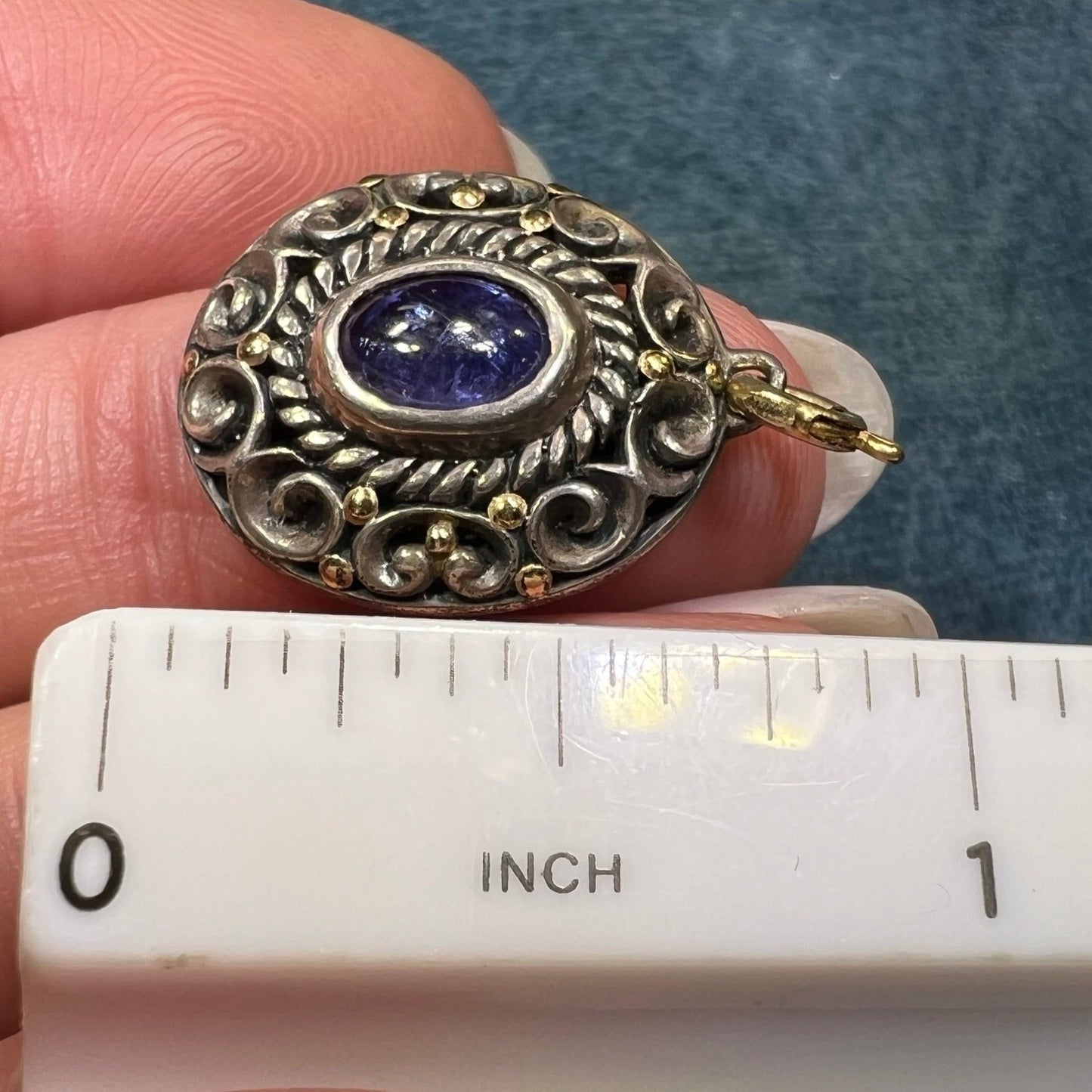 18k Gold + Silver Tanzanite Cabochon Filigree Pendant w 14k Bail