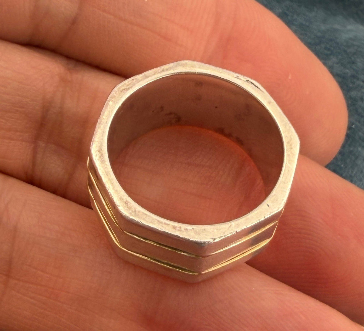 18k Gold + Silver Wide Geometric Modern Cigar Band Ring. 11mm + 8g