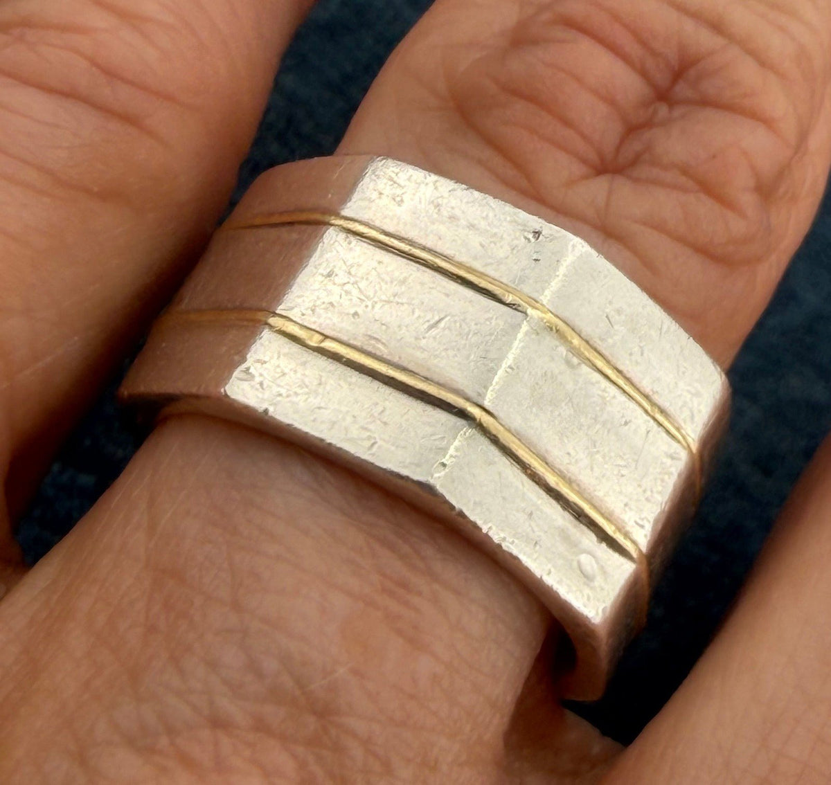 18k Gold + Silver Wide Geometric Modern Cigar Band Ring. 11mm + 8g