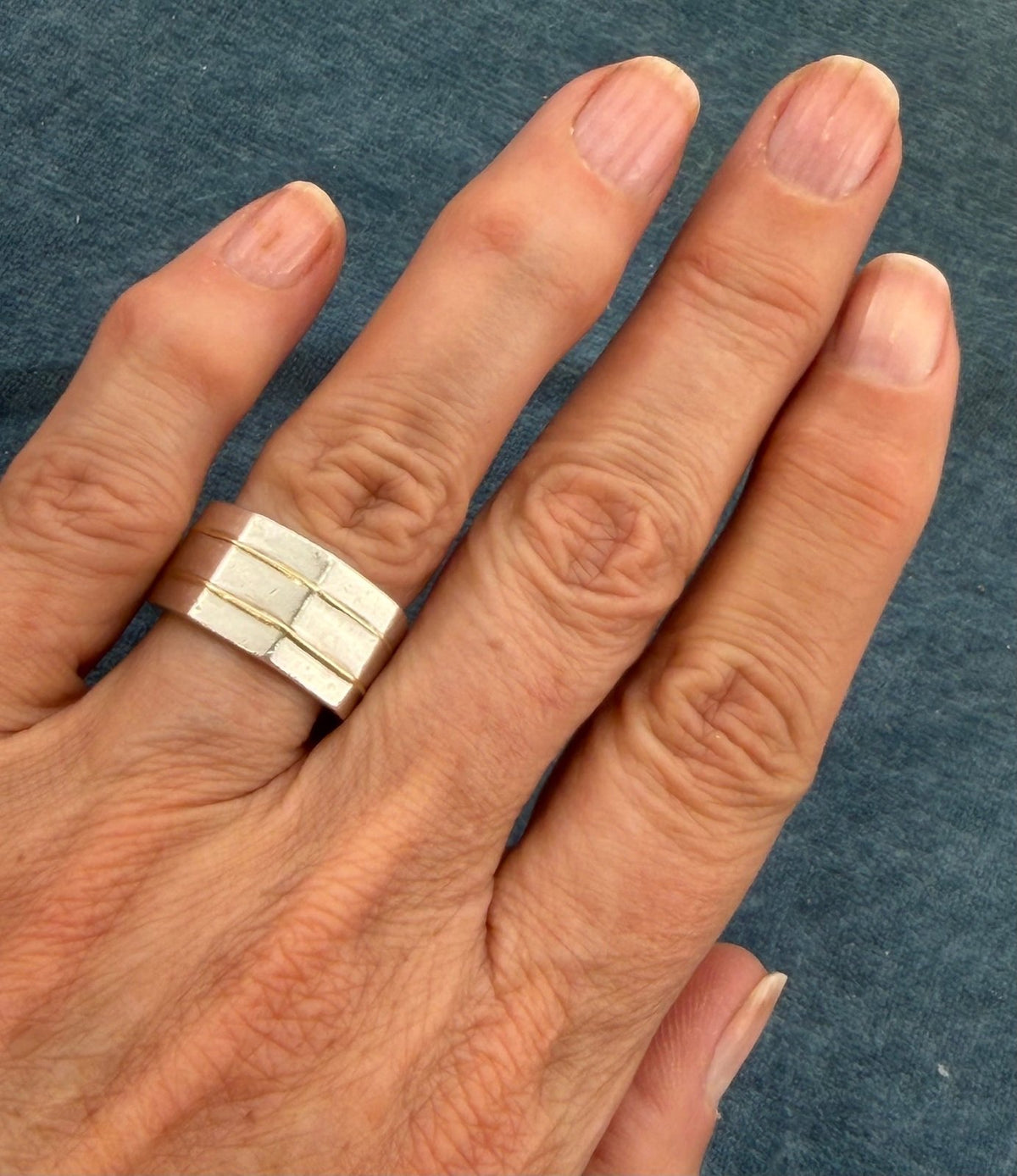 18k Gold + Silver Wide Geometric Modern Cigar Band Ring. 11mm + 8g