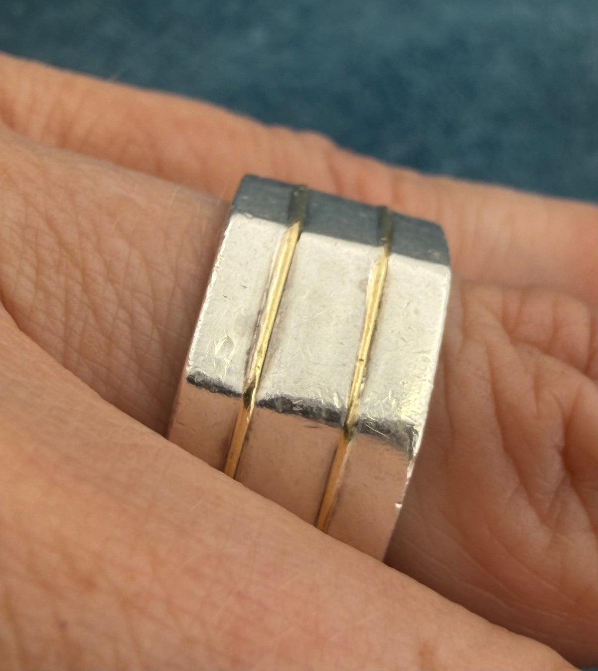 18k Gold + Silver Wide Geometric Modern Cigar Band Ring. 11mm + 8g