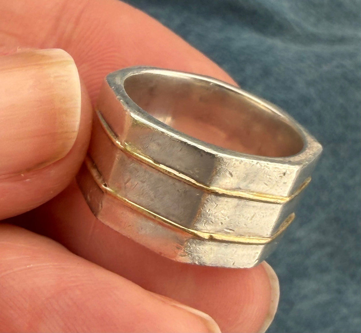 18k Gold + Silver Wide Geometric Modern Cigar Band Ring. 11mm + 8g