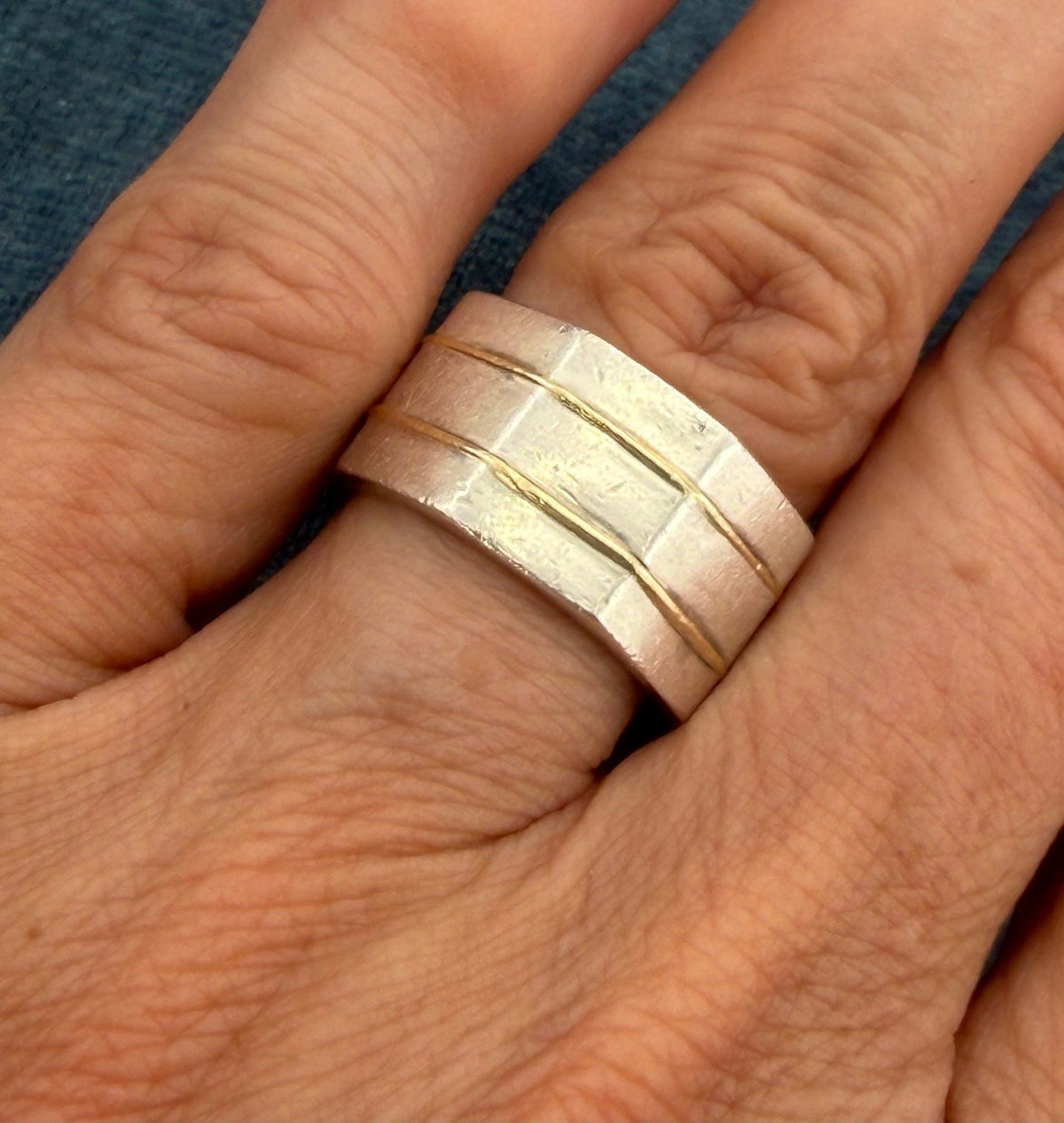 18k Gold + Silver Wide Geometric Modern Cigar Band Ring. 11mm + 8g