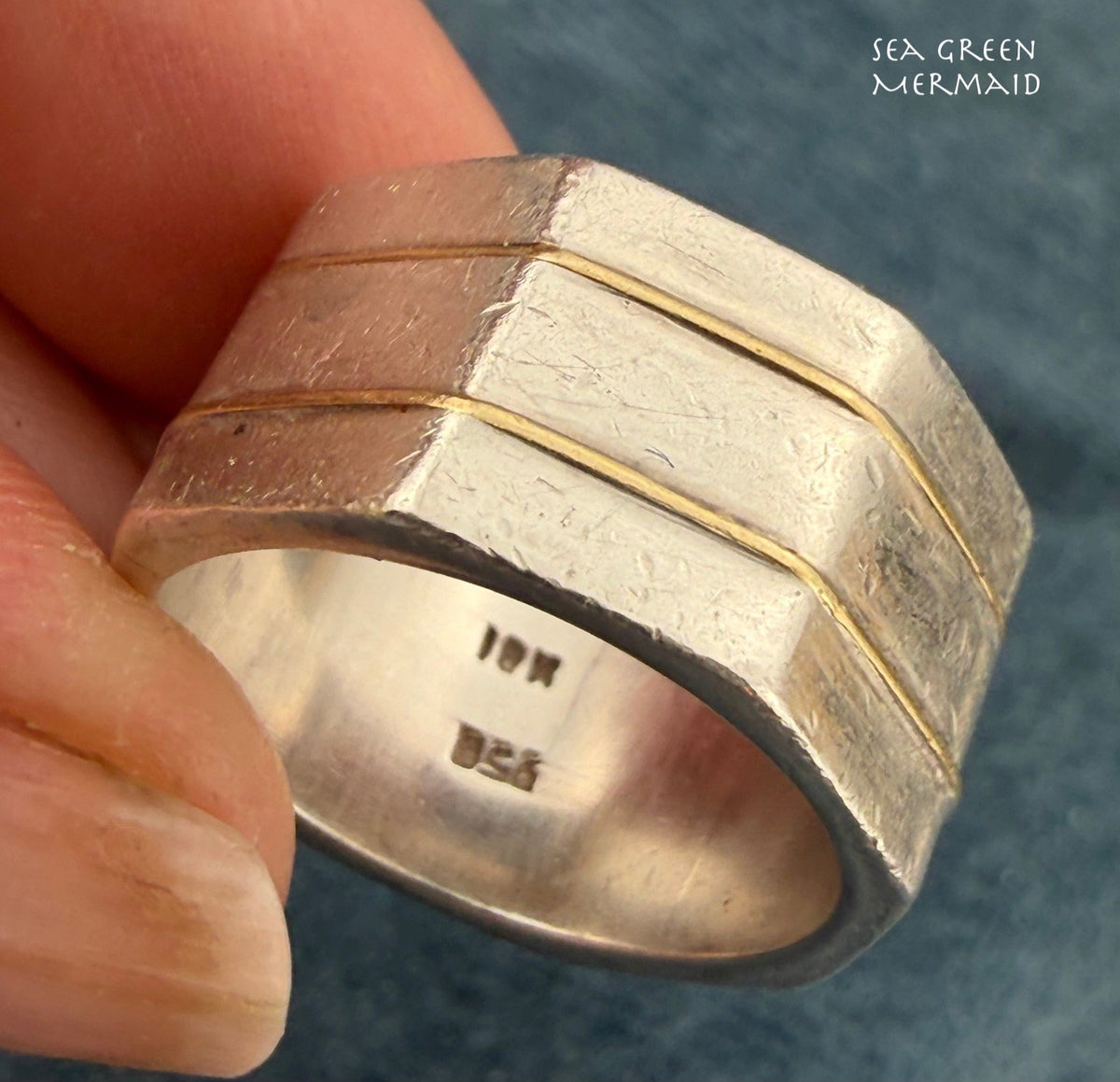 18k Gold + Silver Wide Geometric Modern Cigar Band Ring. 11mm + 8g
