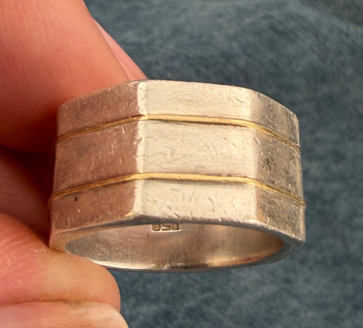 18k Gold + Silver Wide Geometric Modern Cigar Band Ring. 11mm + 8g