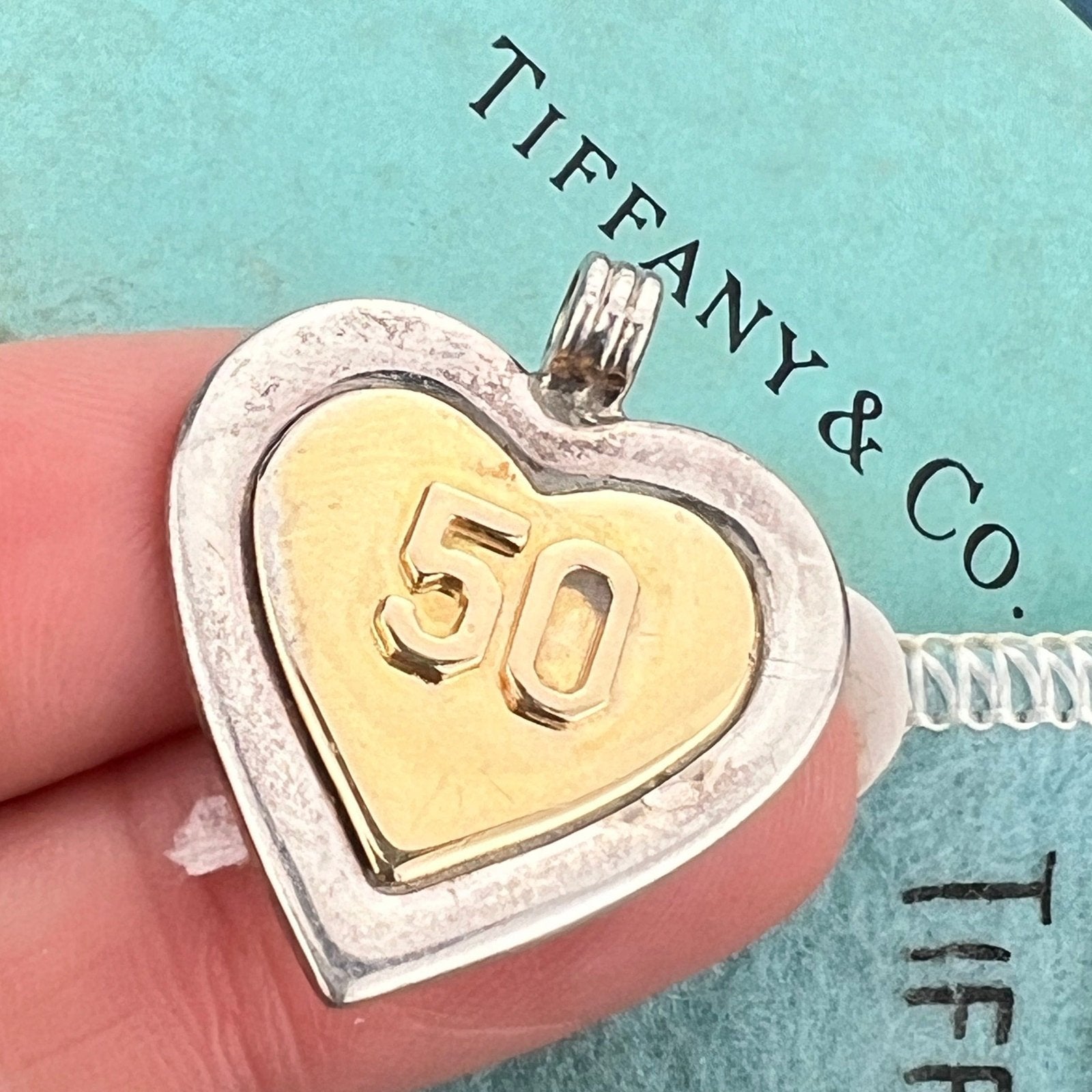 18k Gold + Sterling "50" Anniversary Heart Pendant. Orig Box + Bag