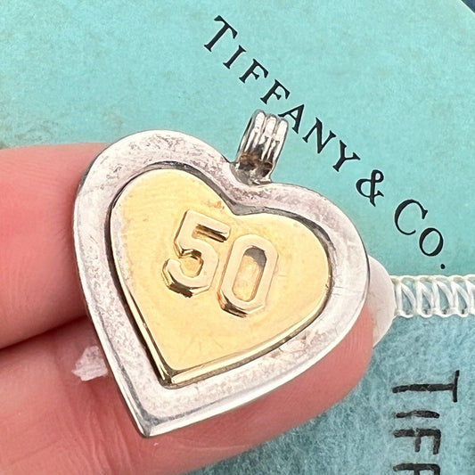 18k Gold + Sterling "50" Anniversary Heart Pendant. Orig Box + Bag