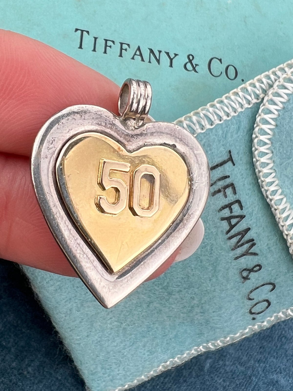 18k Gold + Sterling "50" Anniversary Heart Pendant. Orig Box + Bag