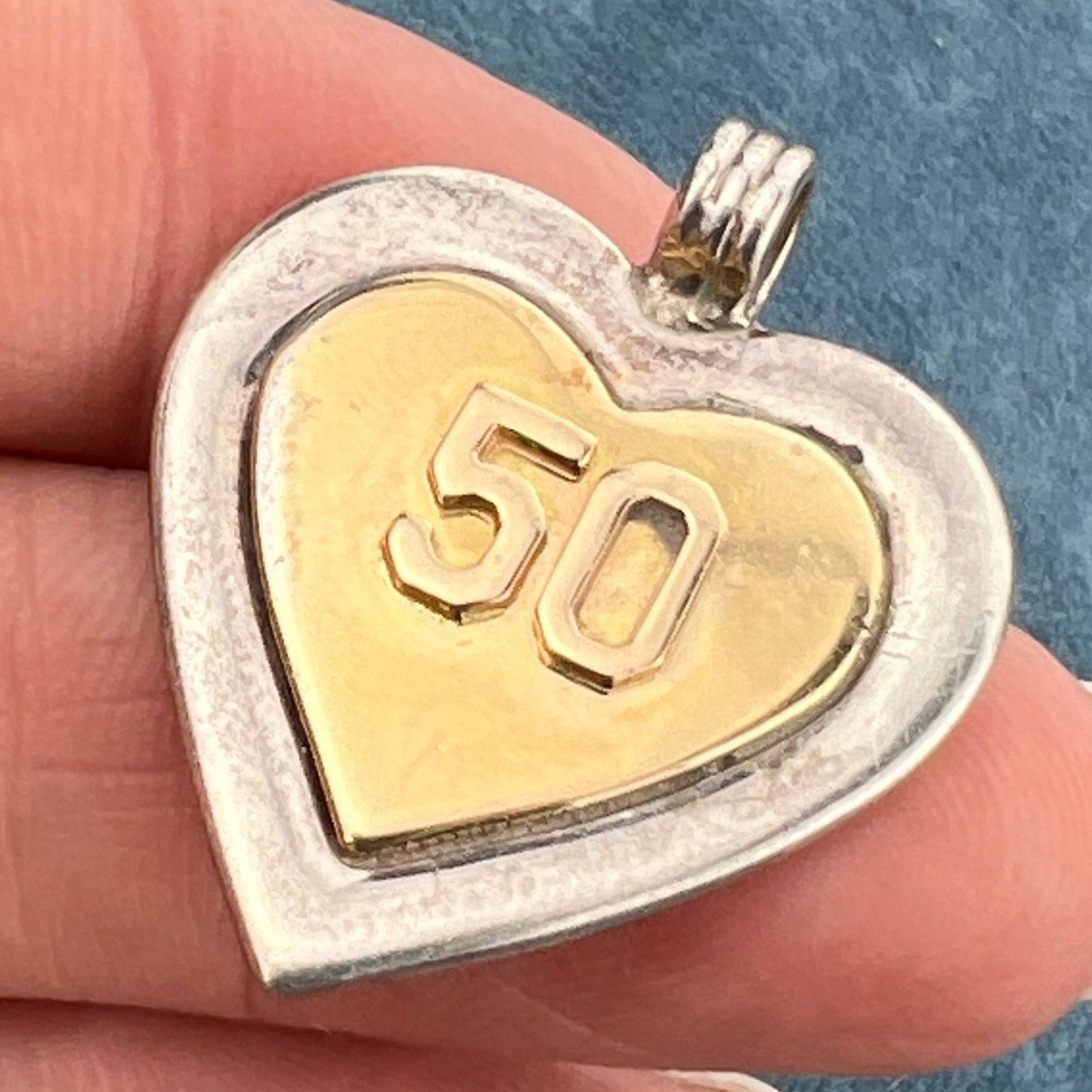 18k Gold + Sterling "50" Anniversary Heart Pendant. Orig Box + Bag