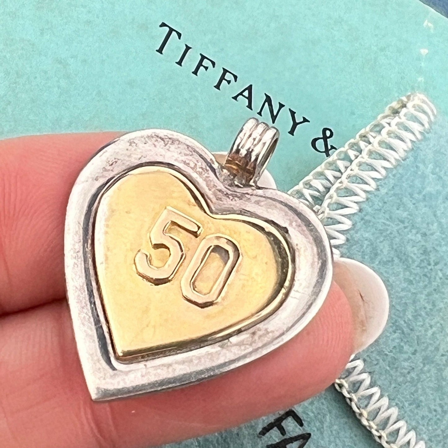 18k Gold + Sterling "50" Anniversary Heart Pendant. Orig Box + Bag