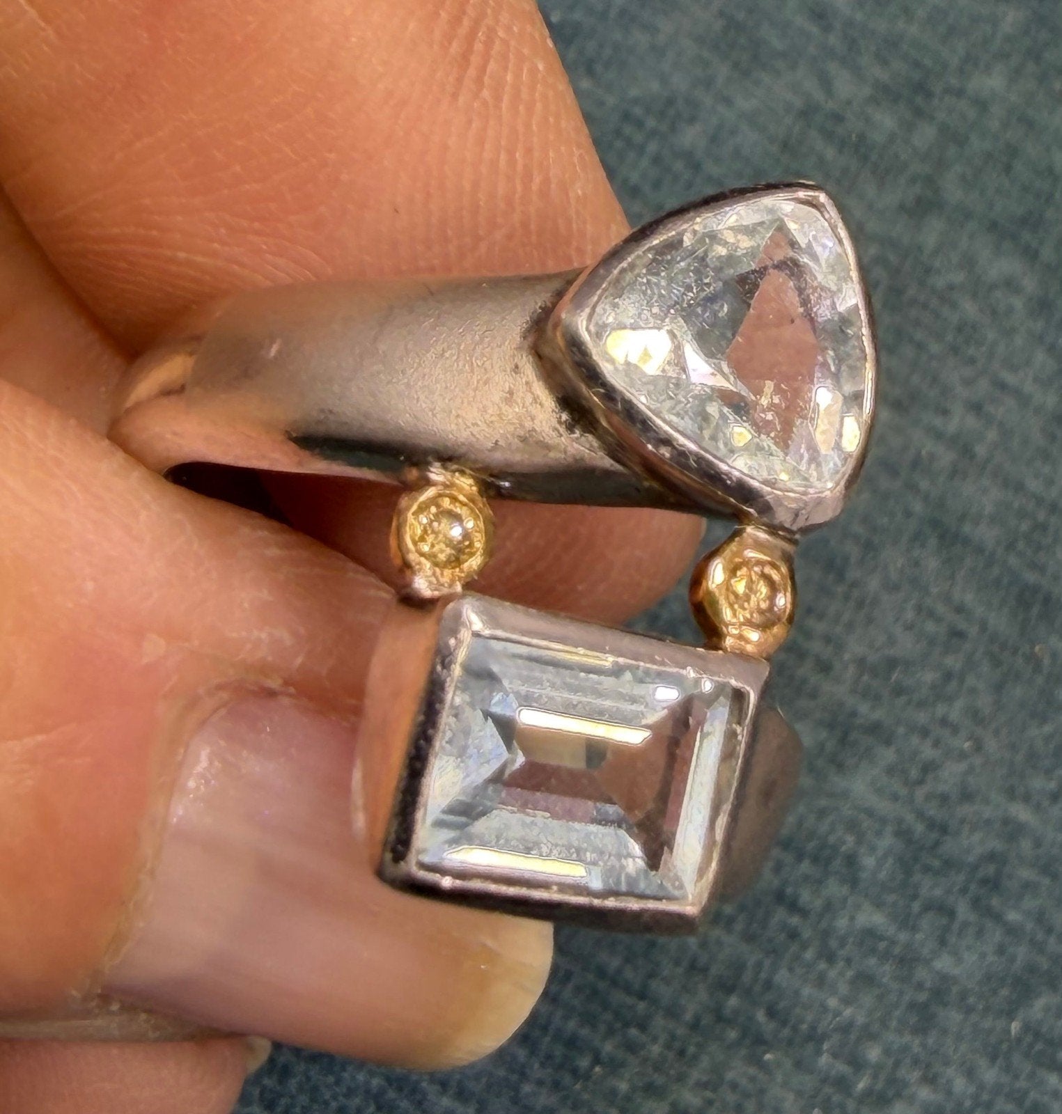 18k Gold + Sterling Silver 2 Aquamarine Ring w Champagne Diamonds. 10g + 3/4"